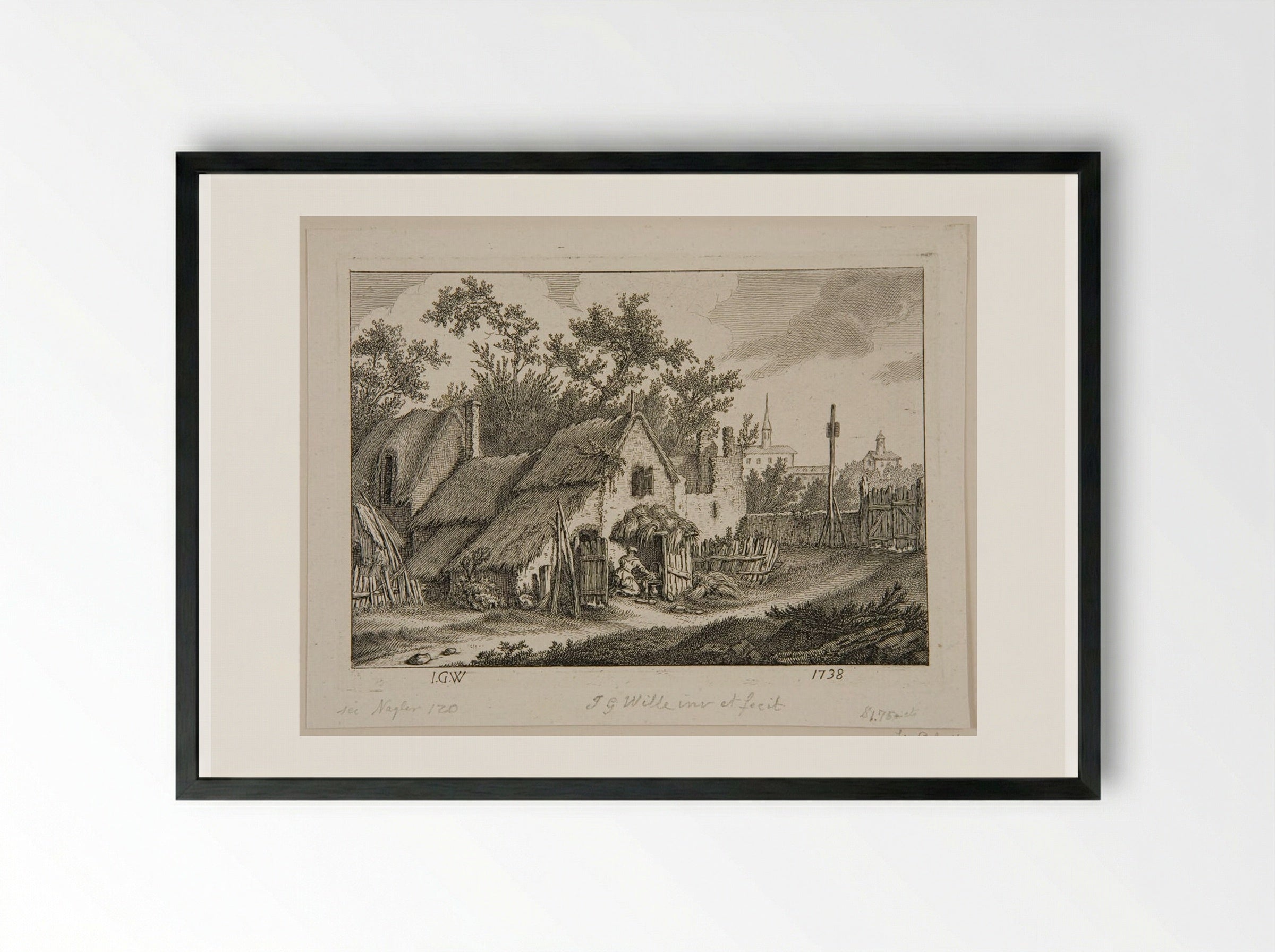 Woman Scouring a Kettle in front of a Cabin - Johann Georg Wille - Framed Print Black