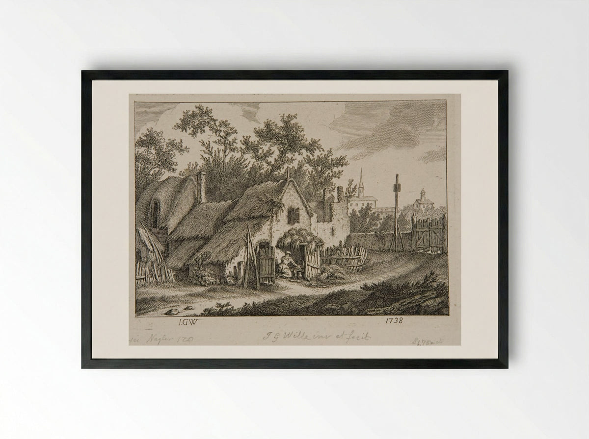 Woman Scouring a Kettle in front of a Cabin - Johann Georg Wille - Framed Print Black
