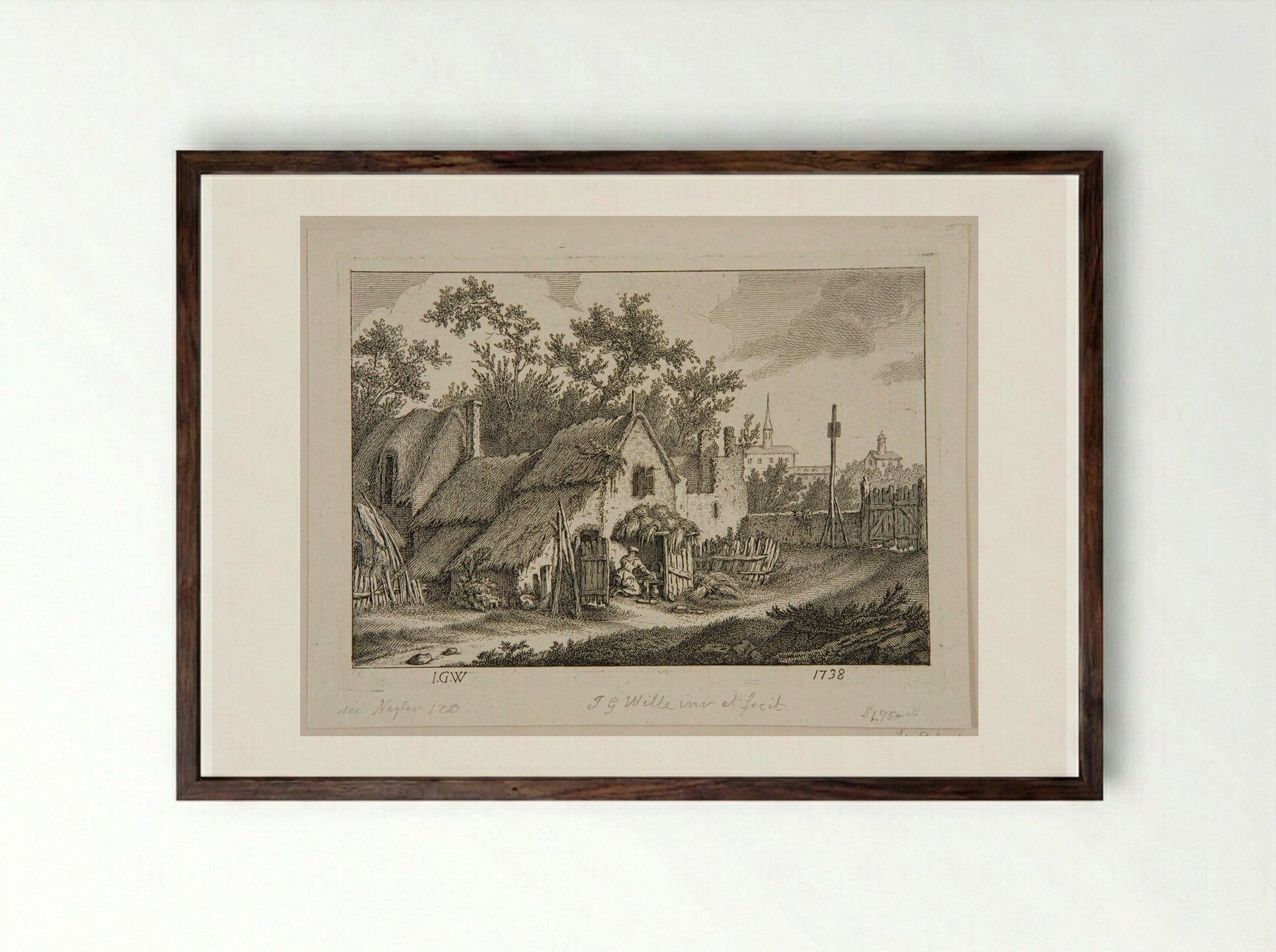 Woman Scouring a Kettle in front of a Cabin - Johann Georg Wille - Framed Print Dark Wood