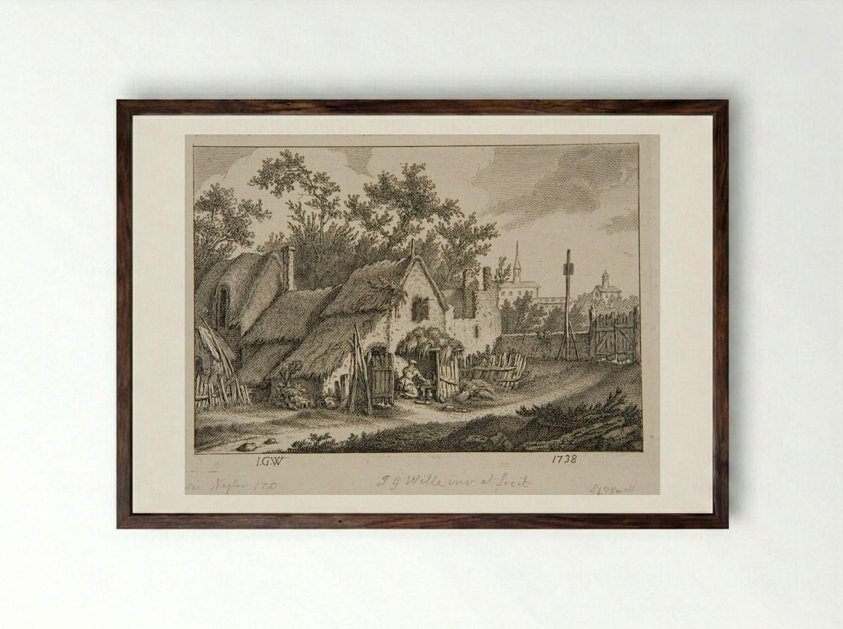 Woman Scouring a Kettle in front of a Cabin - Johann Georg Wille - Framed Print Dark Wood