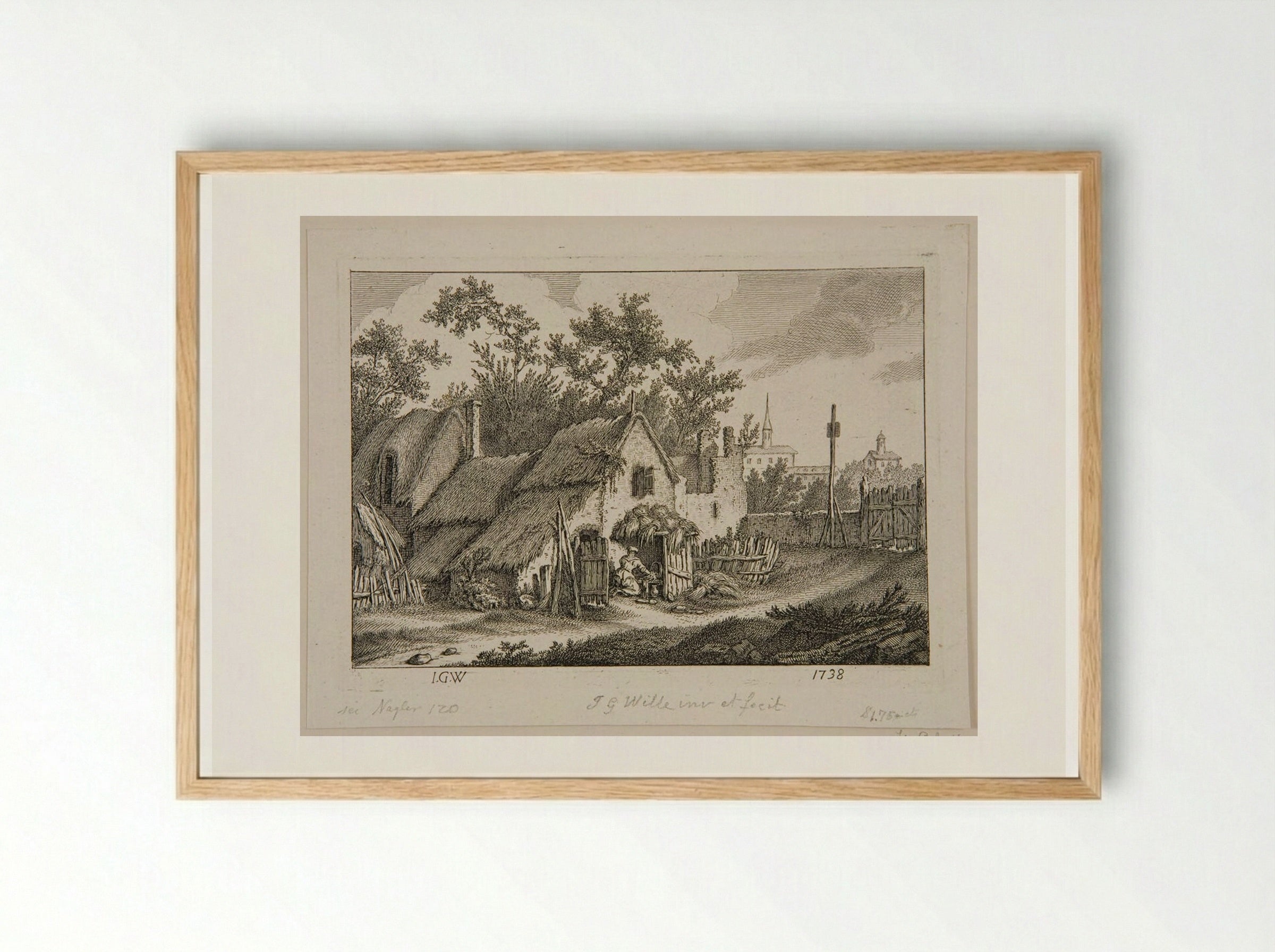 Woman Scouring a Kettle in front of a Cabin - Johann Georg Wille - Framed Print Wood