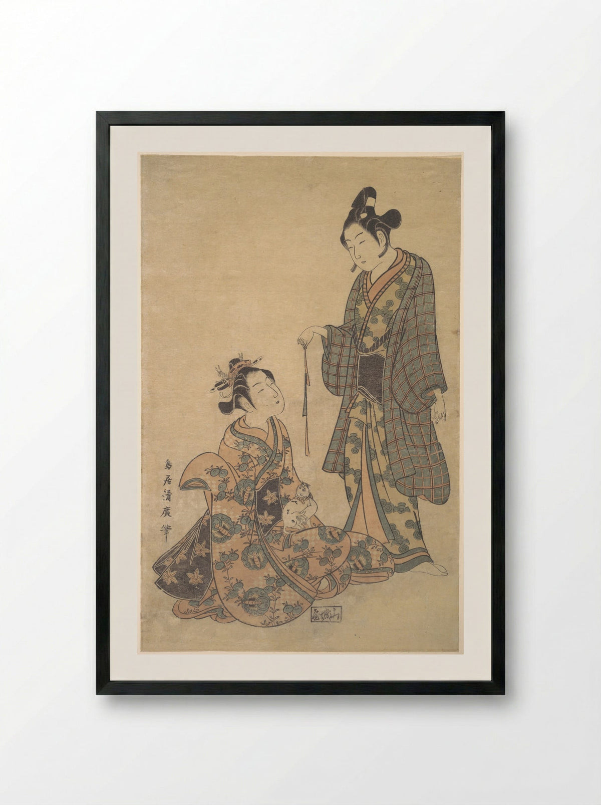 Woman Seated Holding a Cat - Torii Kiyohiro - Framed Print Black