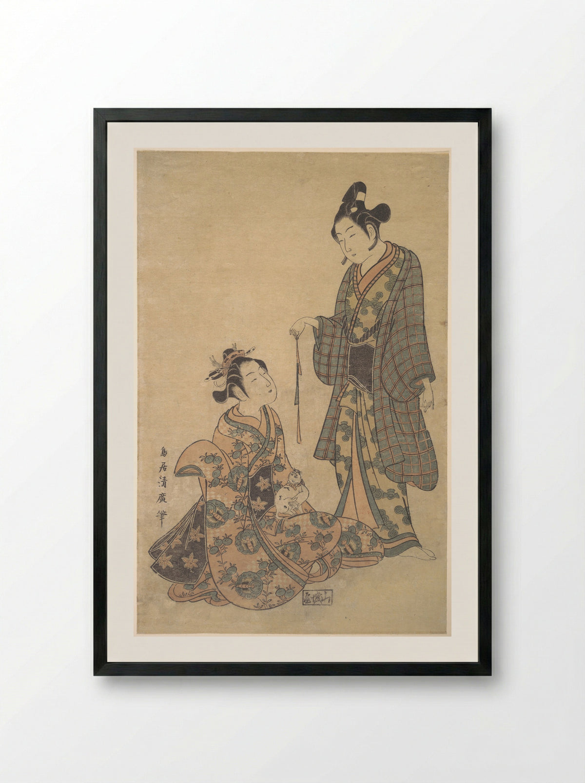 Woman Seated Holding a Cat - Torii Kiyohiro - Framed Print Black