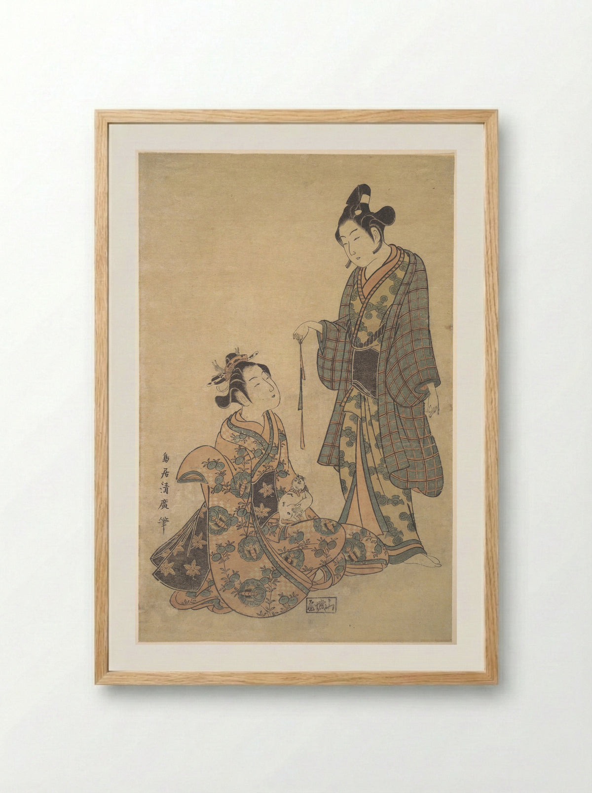 Woman Seated Holding a Cat - Torii Kiyohiro - Framed Print Wood
