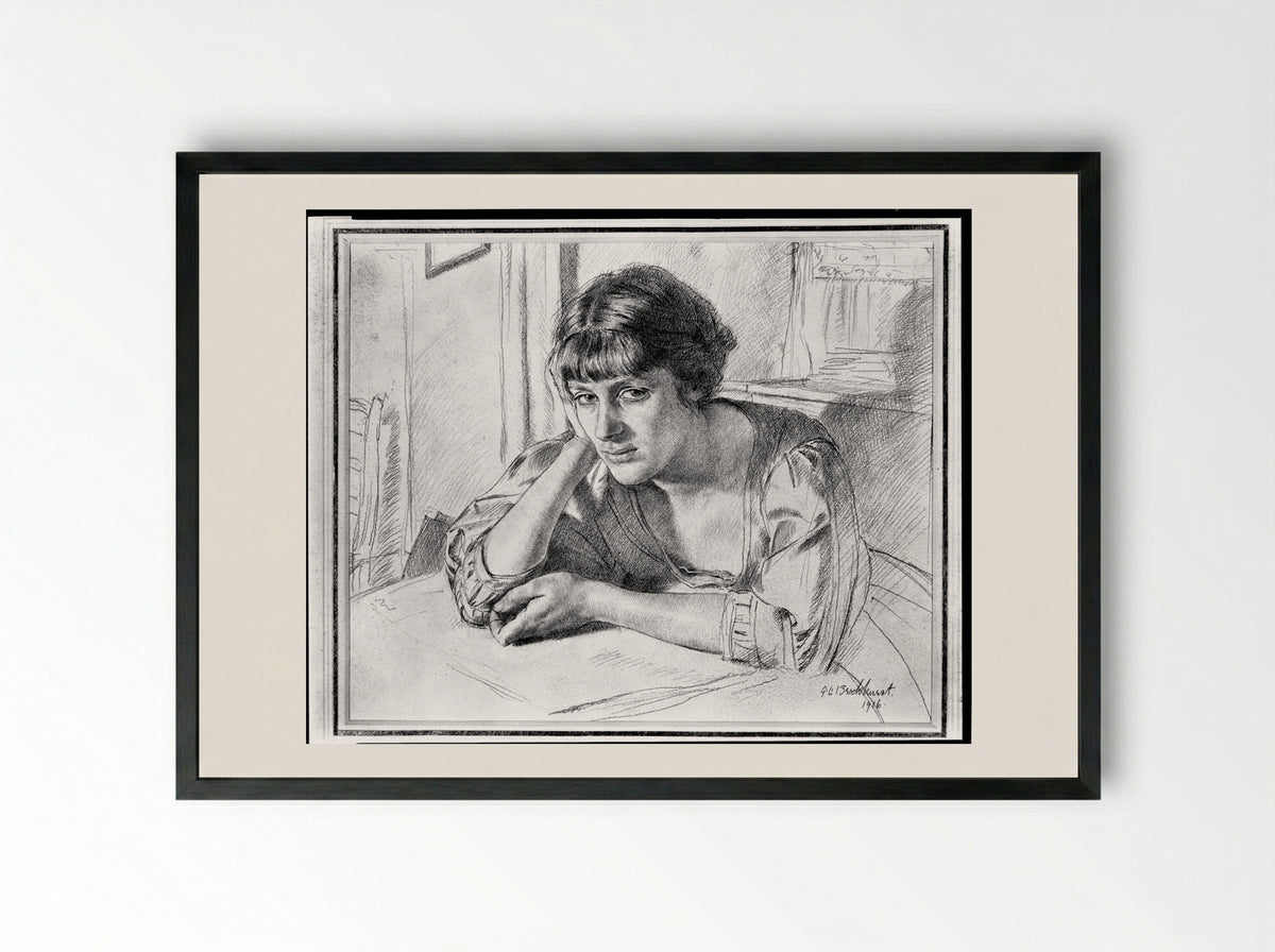 Woman Seated at a Table - Gerald Leslie Brockhurst - Framed Print Black