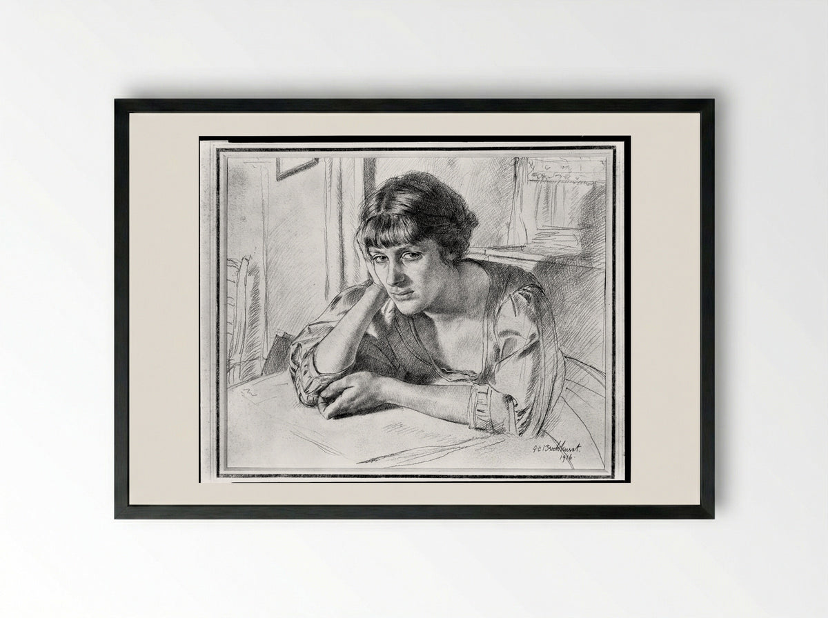 Woman Seated at a Table - Gerald Leslie Brockhurst - Framed Print Black
