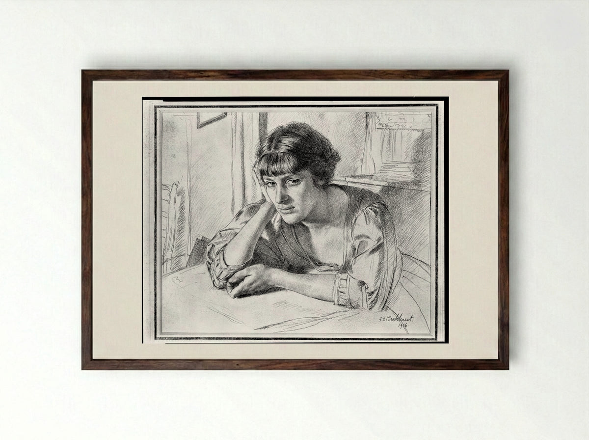 Woman Seated at a Table - Gerald Leslie Brockhurst - Framed Print Dark Wood