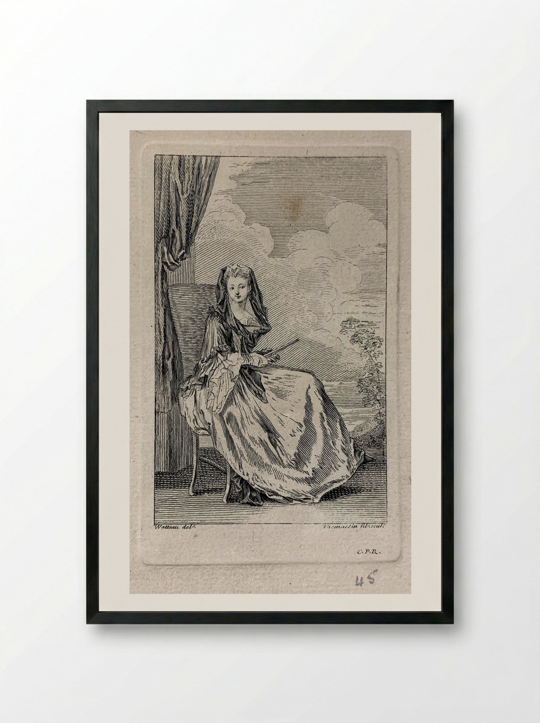 Woman Seated - Jean-Antoine Watteau - Framed Print Black
