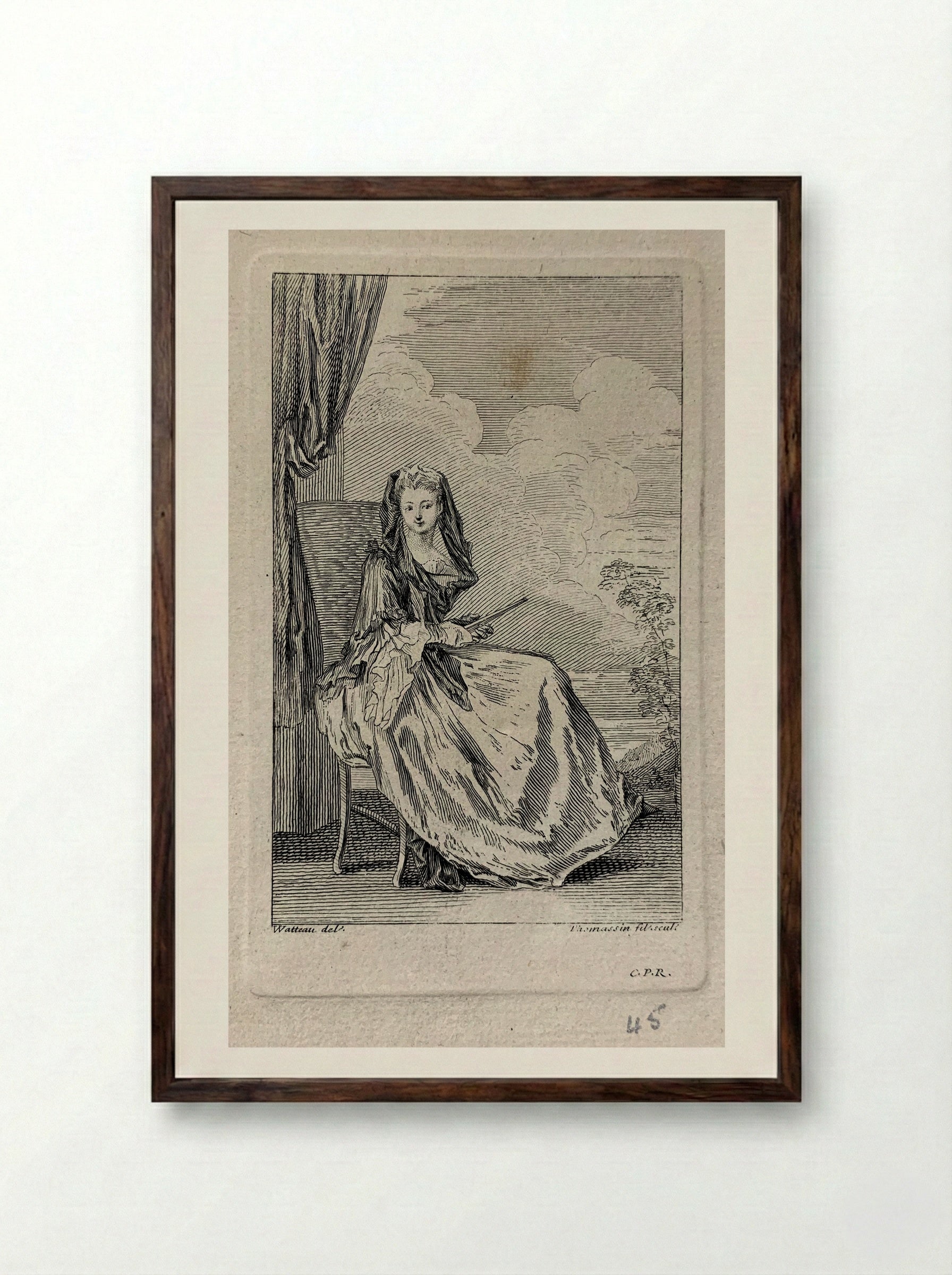 Woman Seated - Jean-Antoine Watteau - Framed Print Dark Wood