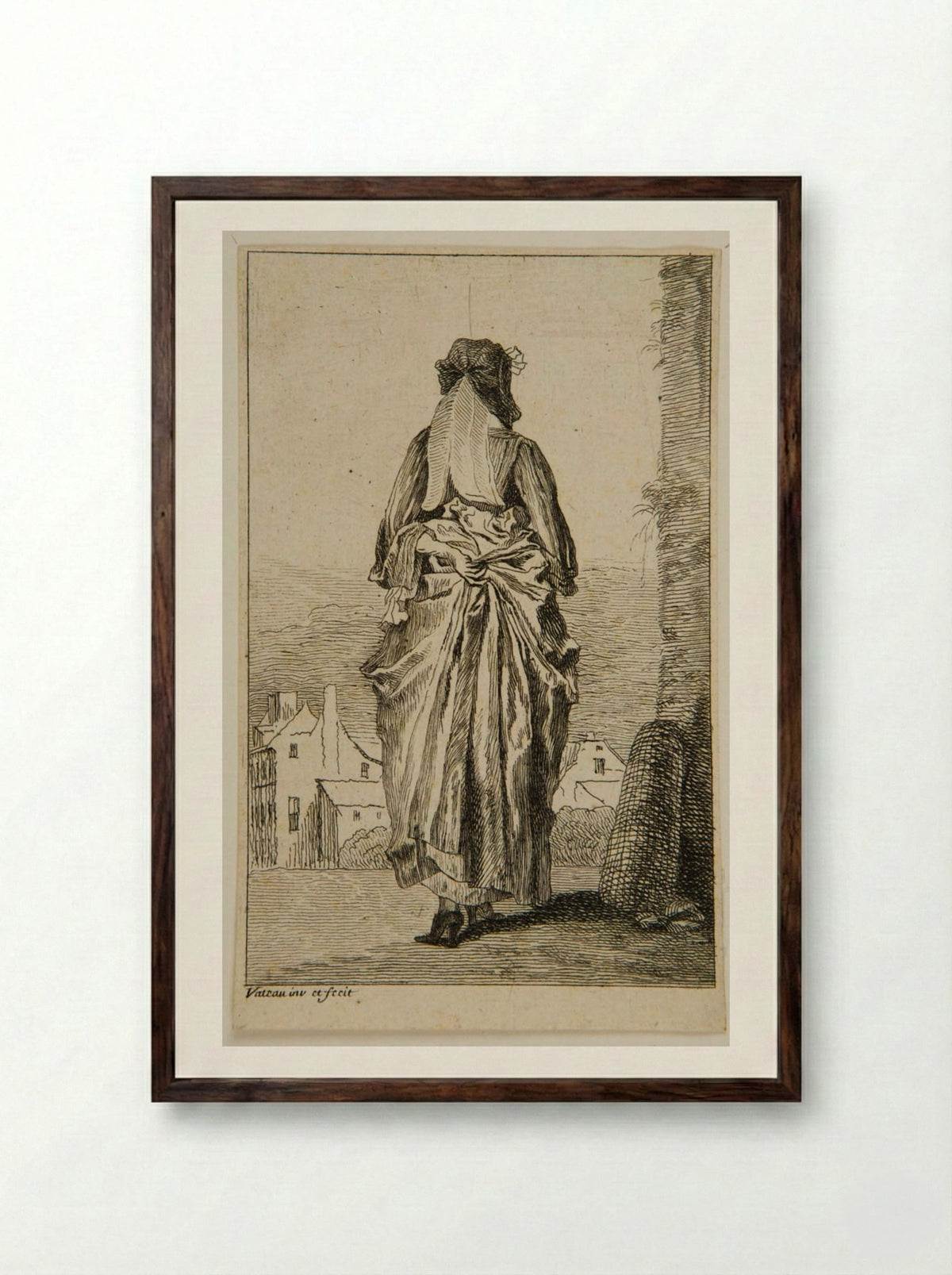 Woman Seen From Behind - Jean-Antoine Watteau - Framed Print Dark Wood