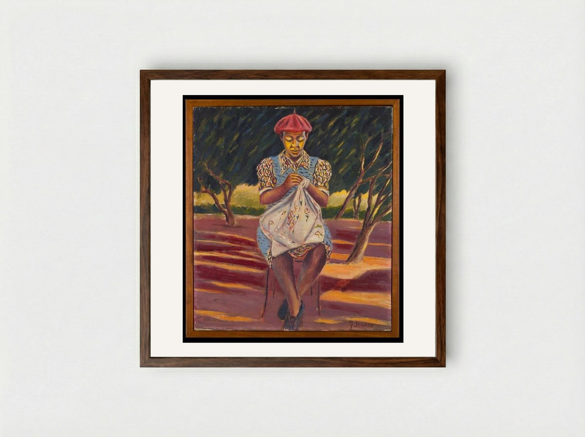 Woman Sewing (Mary Dikgiledi) - Gerard Sekoto - Framed Print Dark Wood