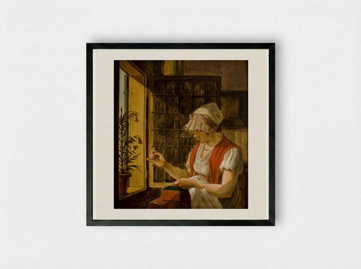 Woman Sewing by a Window - Johannes Jelgerhuis - Framed Print Black