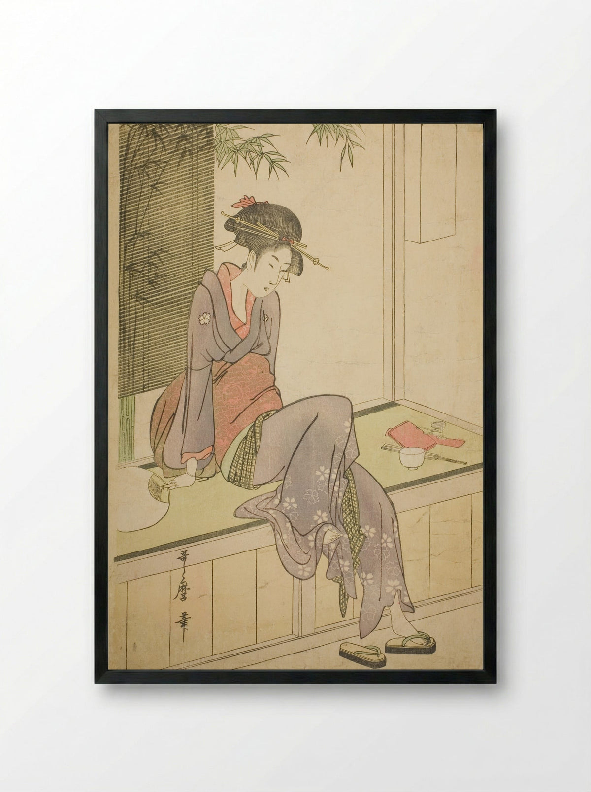 Woman Sitting on Veranda - Kitagawa Utamaro - Framed Print Black