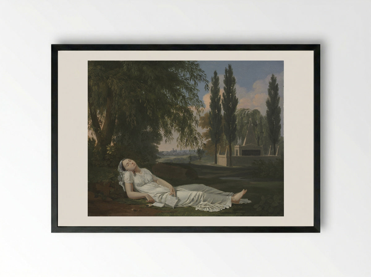 Woman Sleeping in a Landscape with a Letter - Bernard Gaillot - Framed Print Black