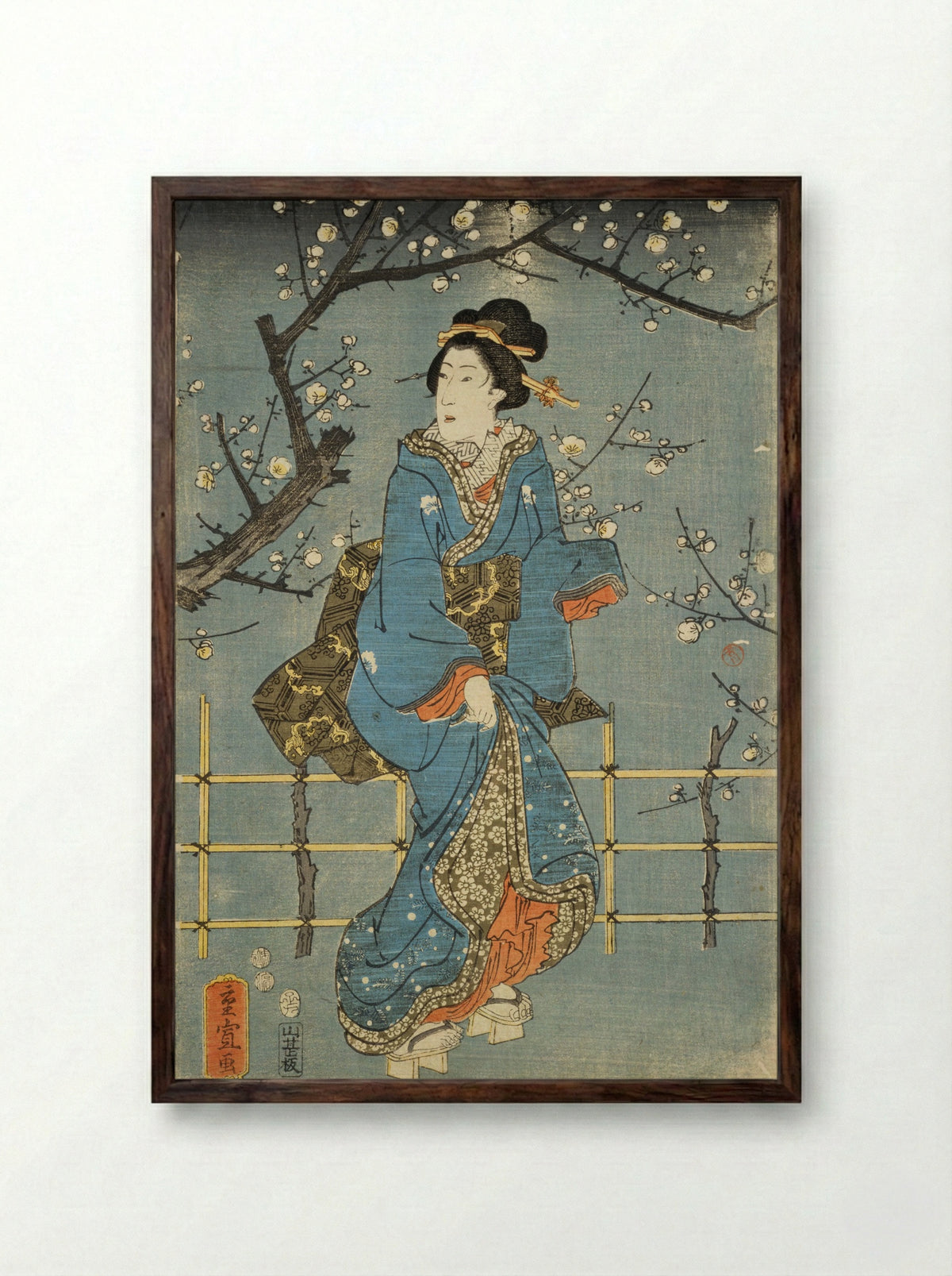 Woman Standing Before a Plum Tree - Utagawa Hiroshige II - Framed Print Dark Wood