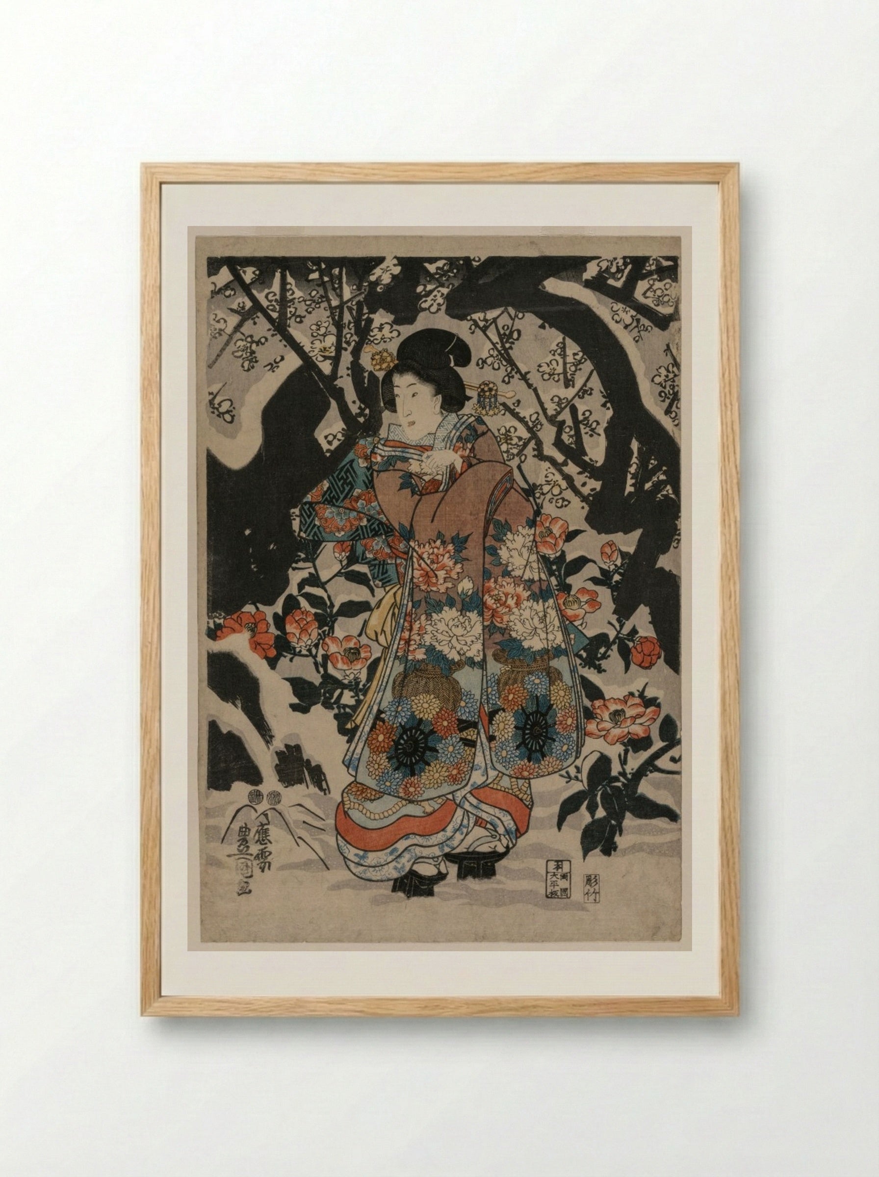 Woman Standing Beside a Plum Tree - Utagawa Kunisada - Framed Print Wood