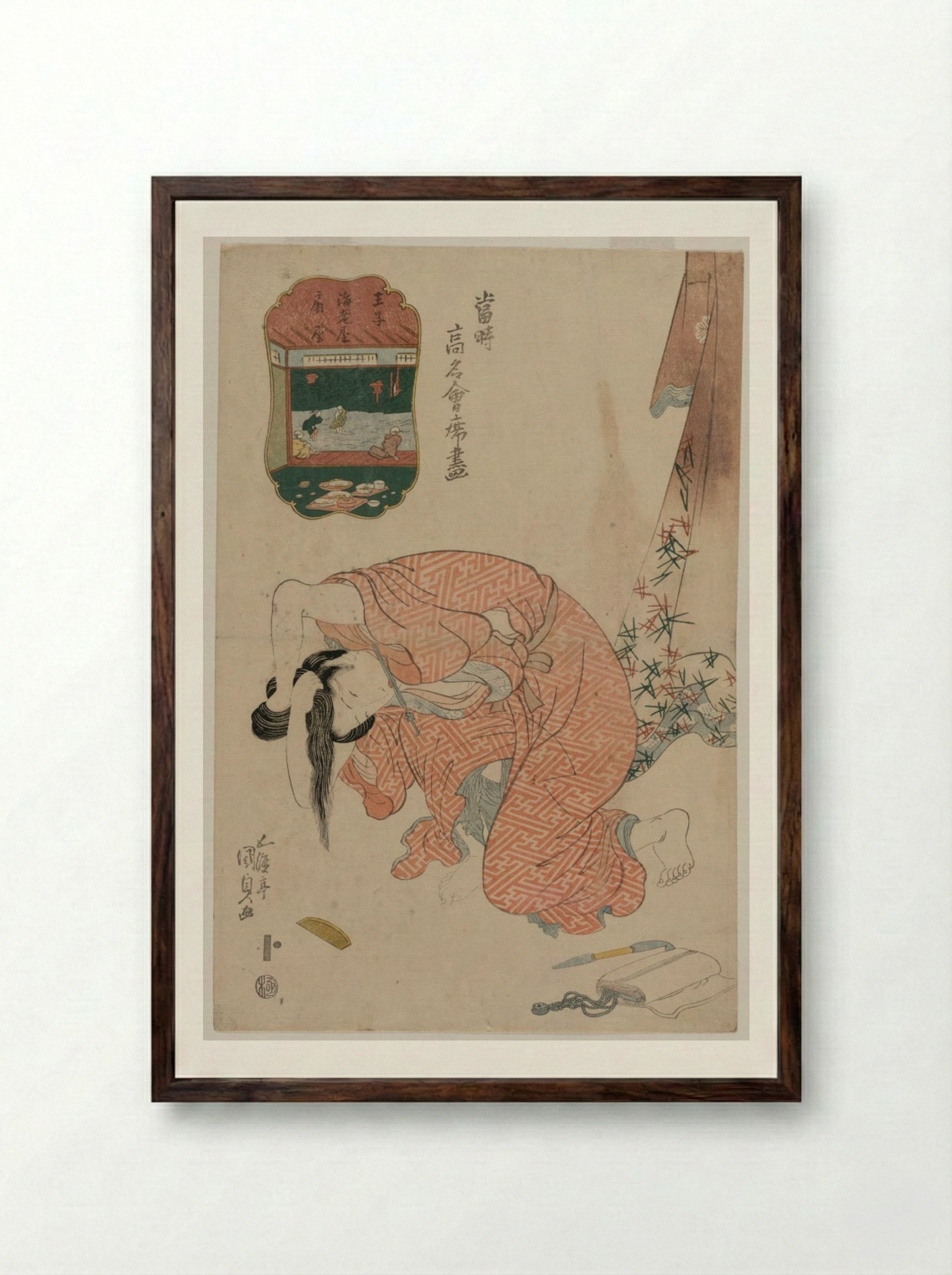 Woman Tying Her Hair (from the series Famous Restaurants of the Present Day) - Utagawa Kunisada - Framed Print Dark Wood