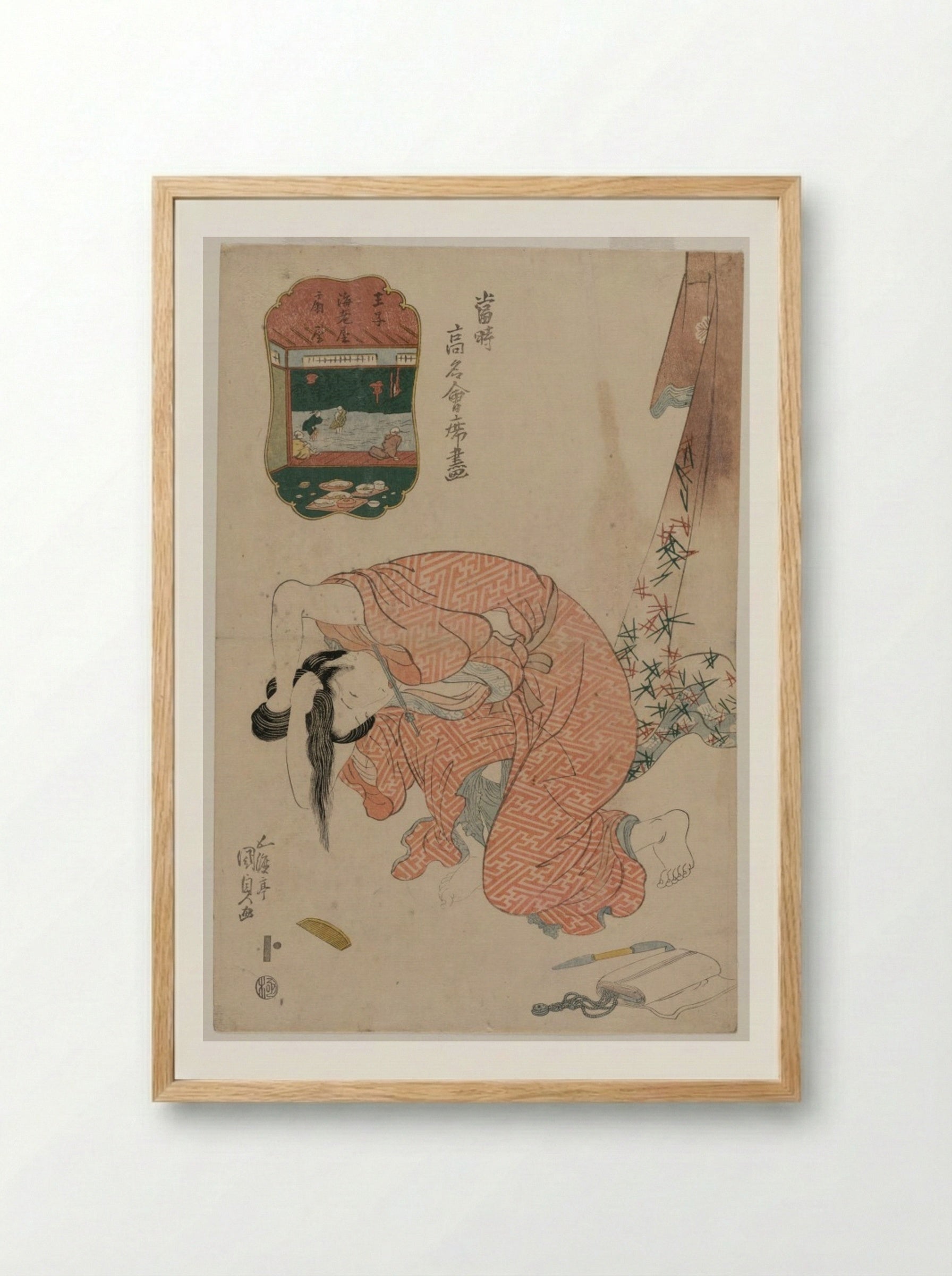 Woman Tying Her Hair (from the series Famous Restaurants of the Present Day) - Utagawa Kunisada - Framed Print Wood