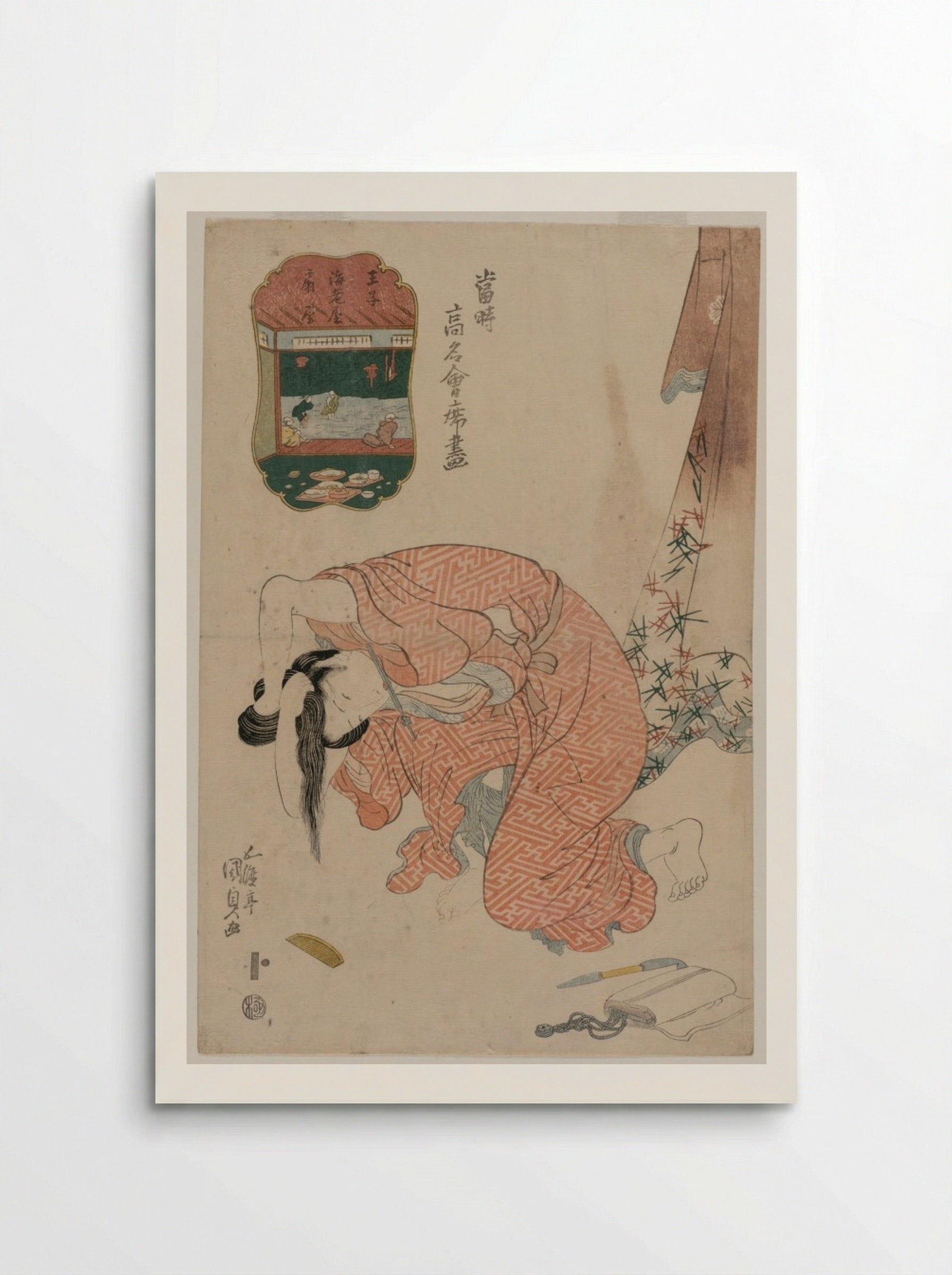 Woman Tying Her Hair (from the series Famous Restaurants of the Present Day) - Utagawa Kunisada - Poster