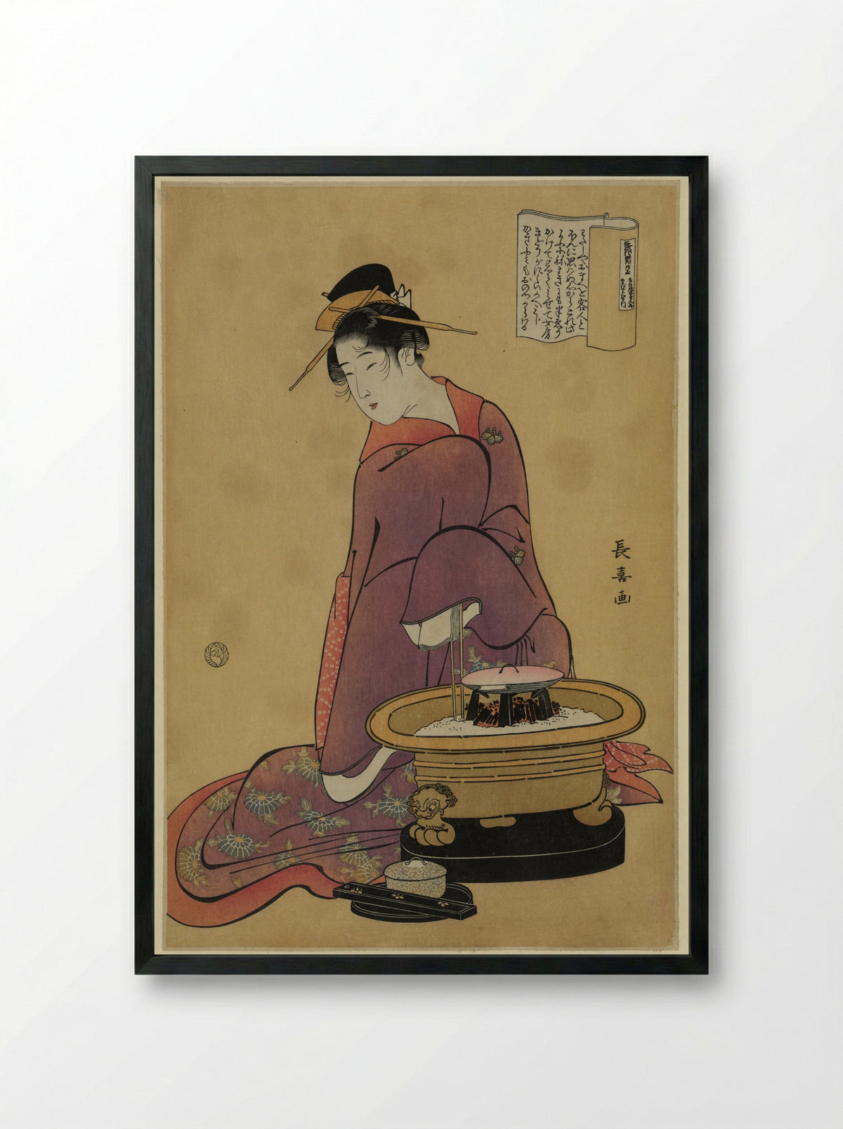 Woman Warming Her Hands Over a Hibachi - Eishōsai Chōki - Framed Print Black