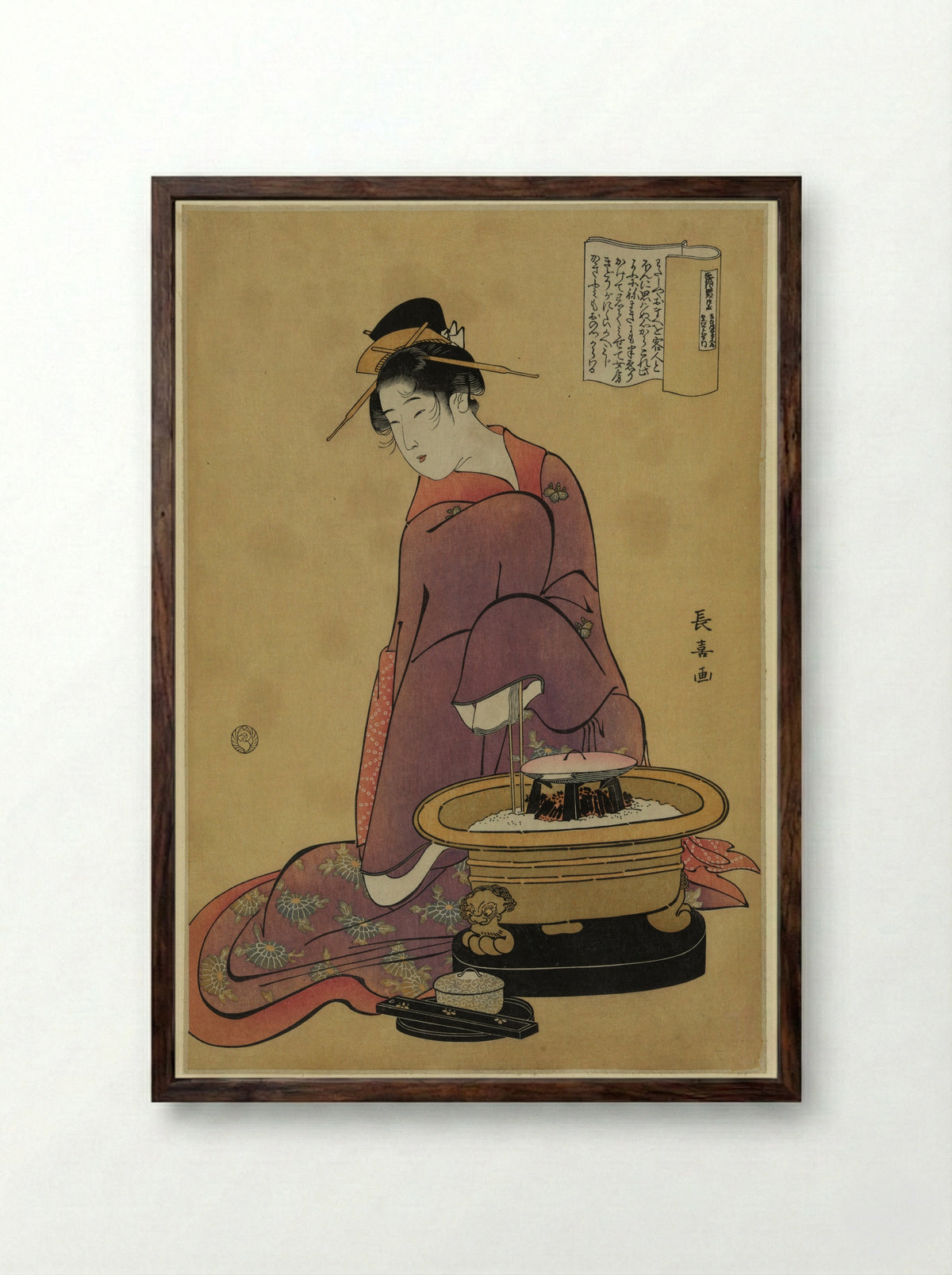 Woman Warming Her Hands Over a Hibachi - Eishōsai Chōki - Framed Print Dark Wood