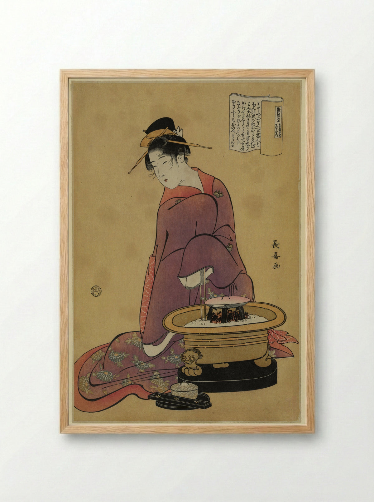 Woman Warming Her Hands Over a Hibachi - Eishōsai Chōki - Framed Print Wood