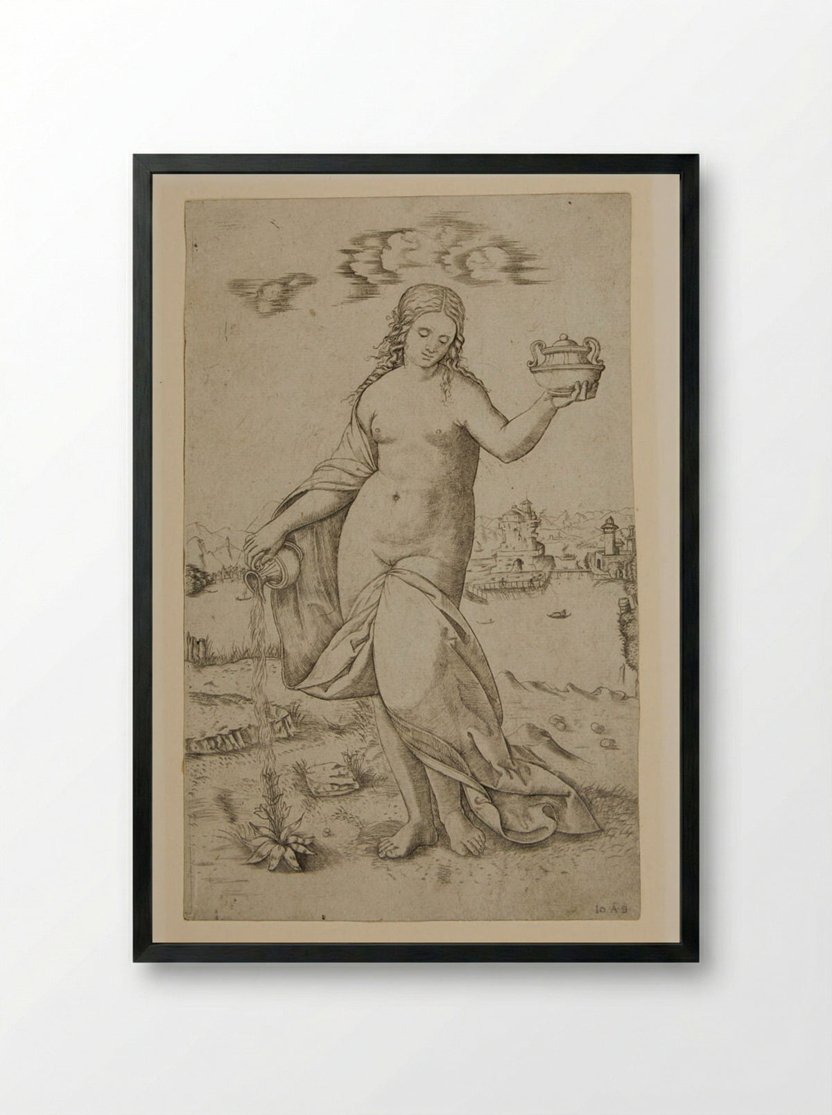 Woman Watering a Plant - Giovanni Antonio da Brescia - Framed Print Black