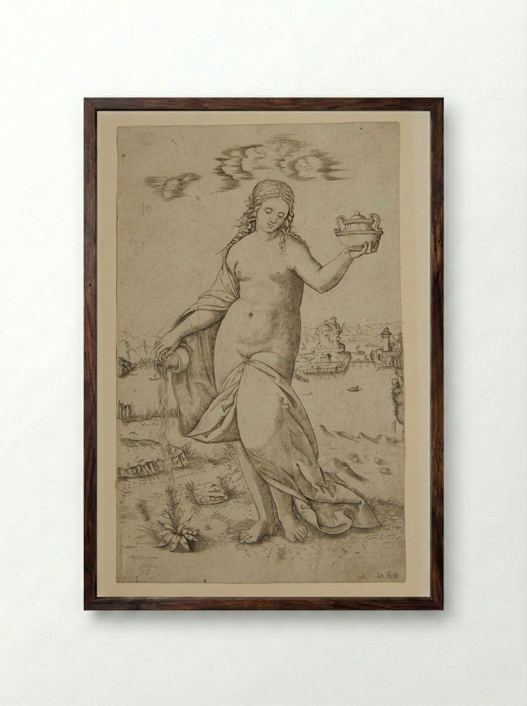 Woman Watering a Plant - Giovanni Antonio da Brescia - Framed Print Dark Wood