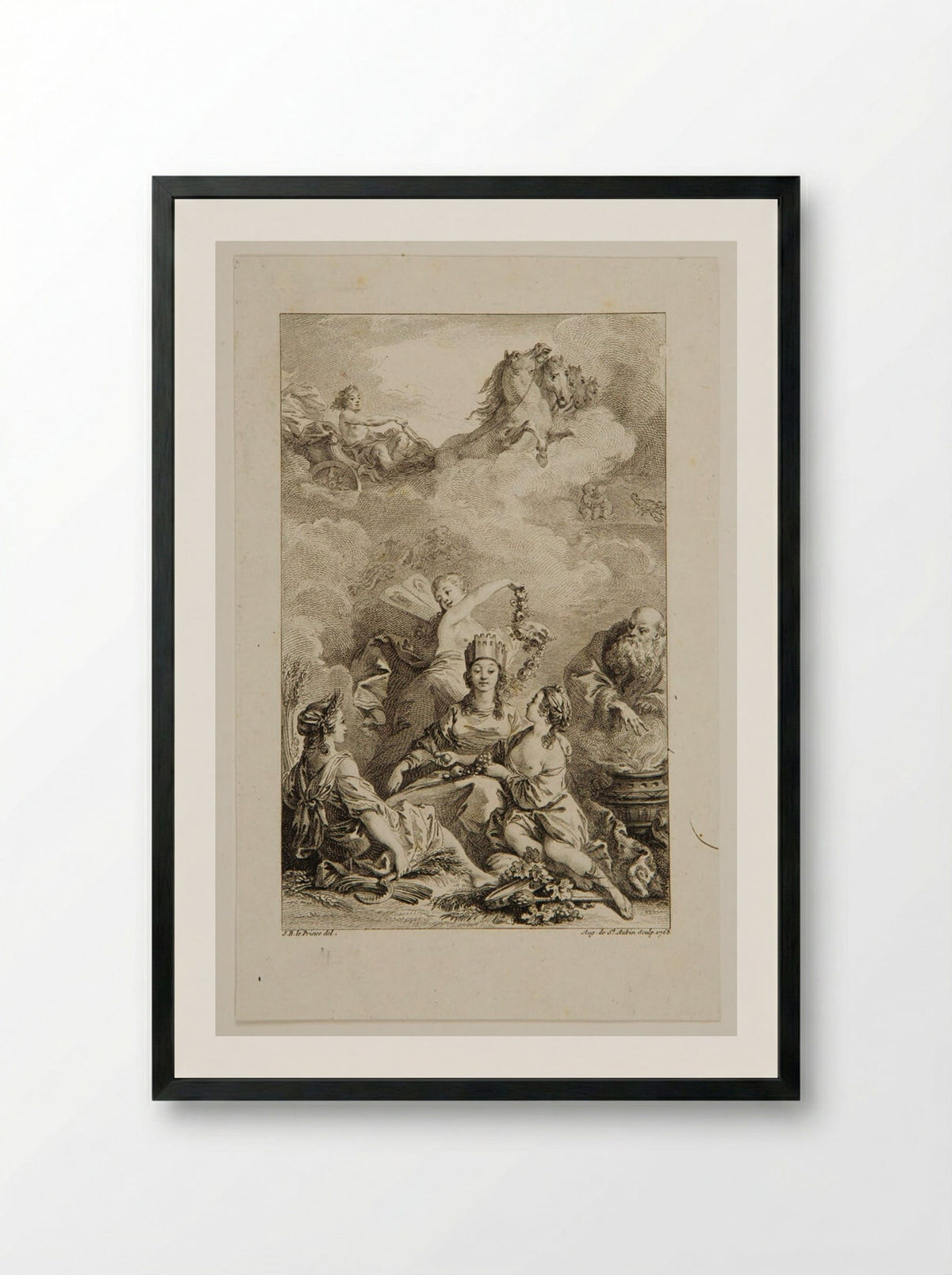 Woman Wearing a Crown, Receiving a Garland of Flowers and Fruit - Augustin de Saint-Aubin - Framed Print Black
