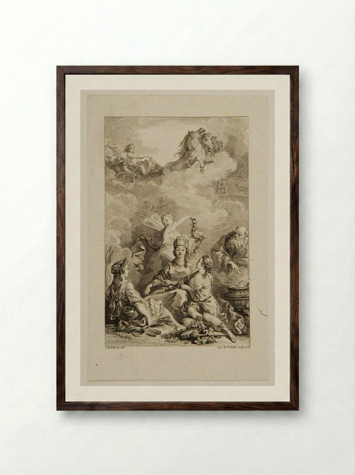 Woman Wearing a Crown, Receiving a Garland of Flowers and Fruit - Augustin de Saint-Aubin - Framed Print Dark Wood