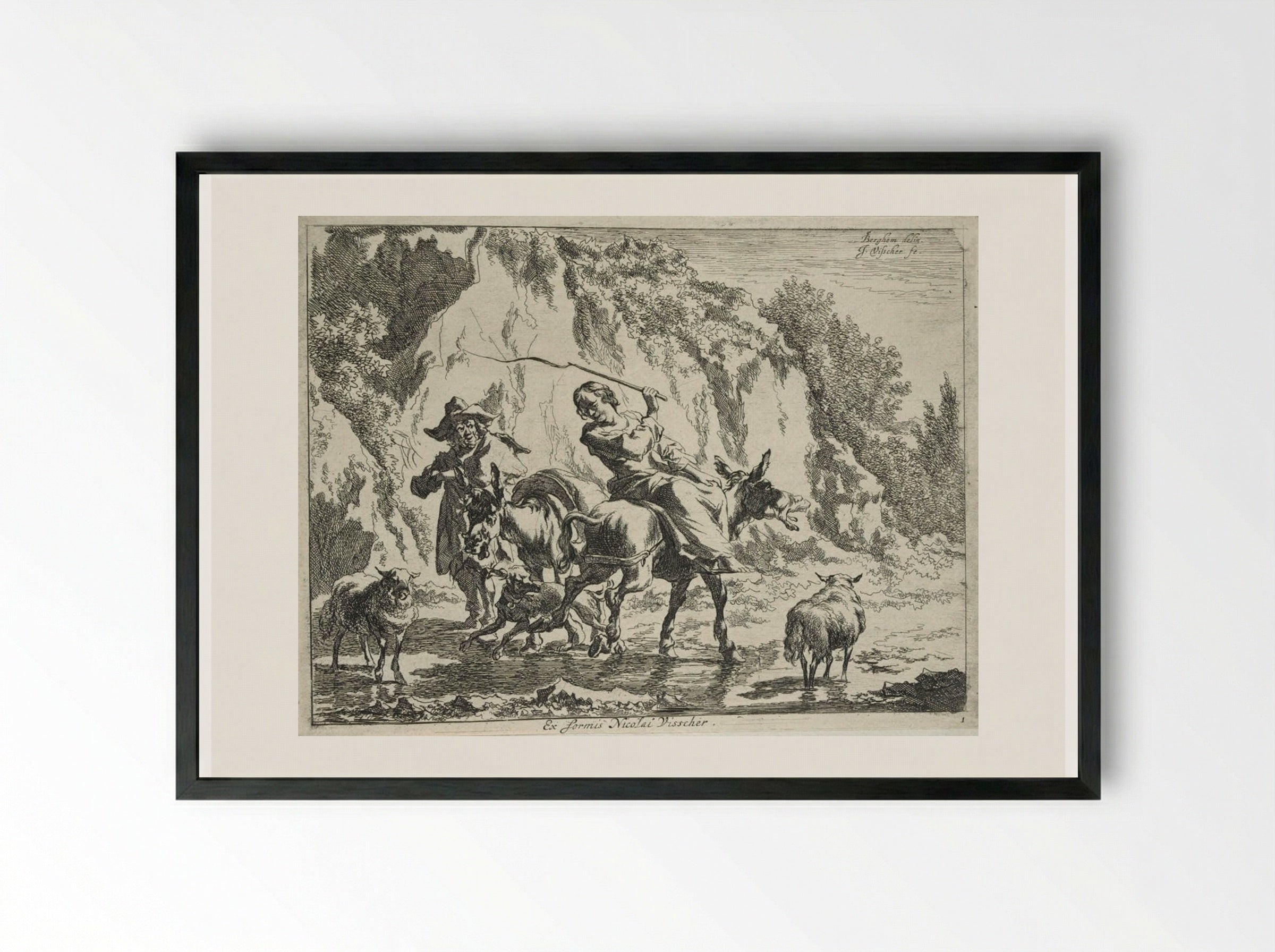 Woman Whipping her Donkey - Cornelis Visscher - Framed Print Black