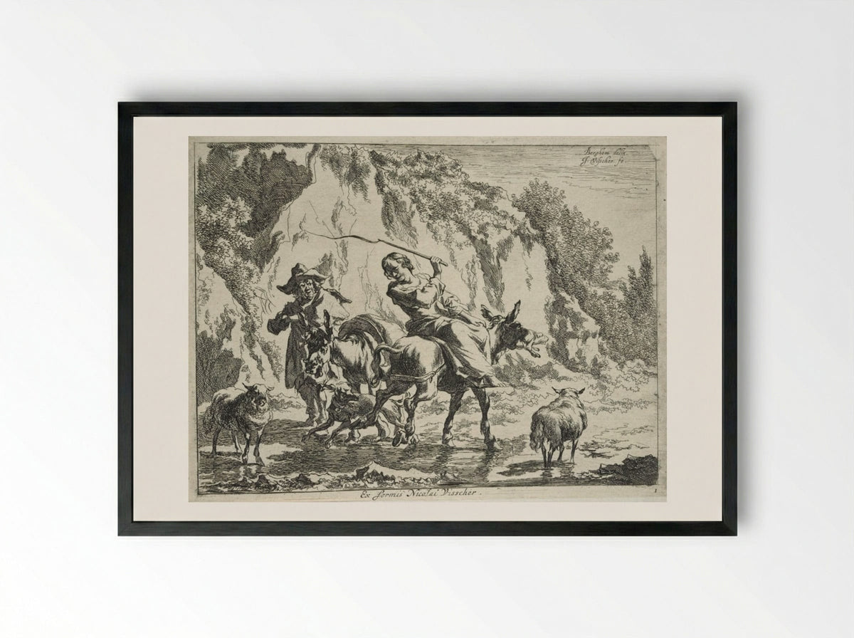 Woman Whipping her Donkey - Cornelis Visscher - Framed Print Black