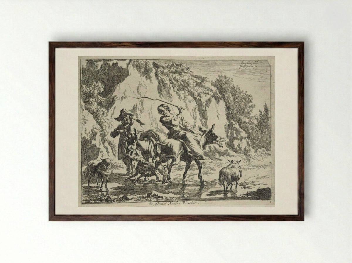 Woman Whipping her Donkey - Cornelis Visscher - Framed Print Dark Wood