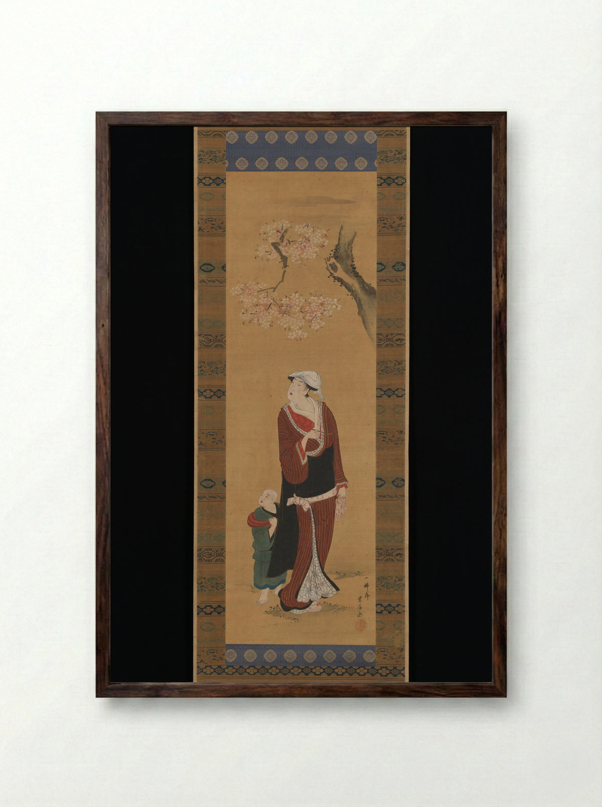 Woman and Child Beneath Cherry Blossoms - Utagawa Toyohiro - Framed Print Dark Wood