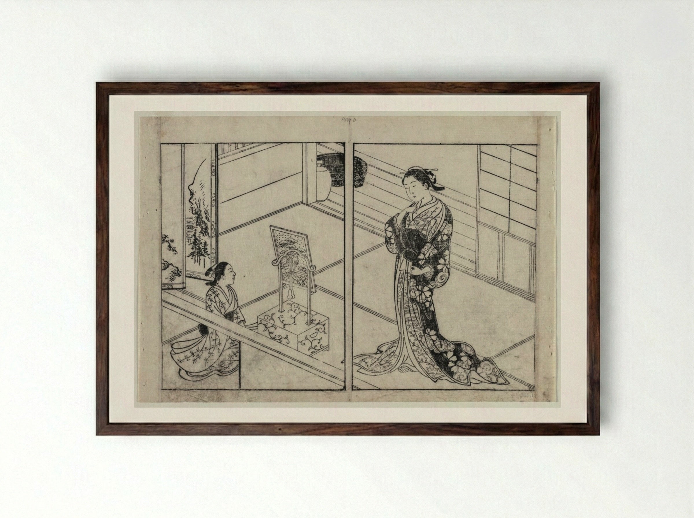 Woman and Child Beside a Mirror Stand - Nishikawa Sukenobu - Framed Print Dark Wood