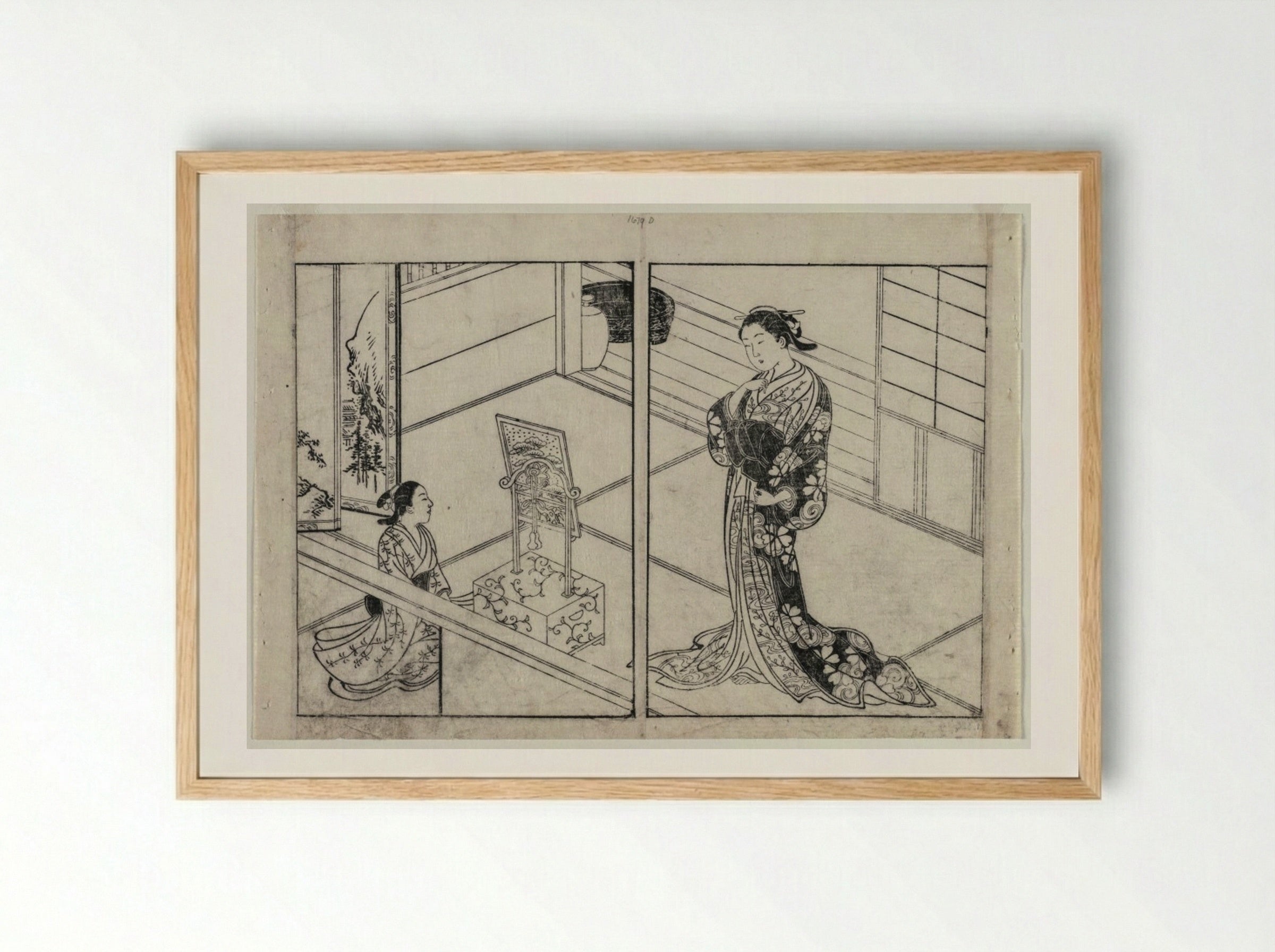 Woman and Child Beside a Mirror Stand - Nishikawa Sukenobu - Framed Print Wood
