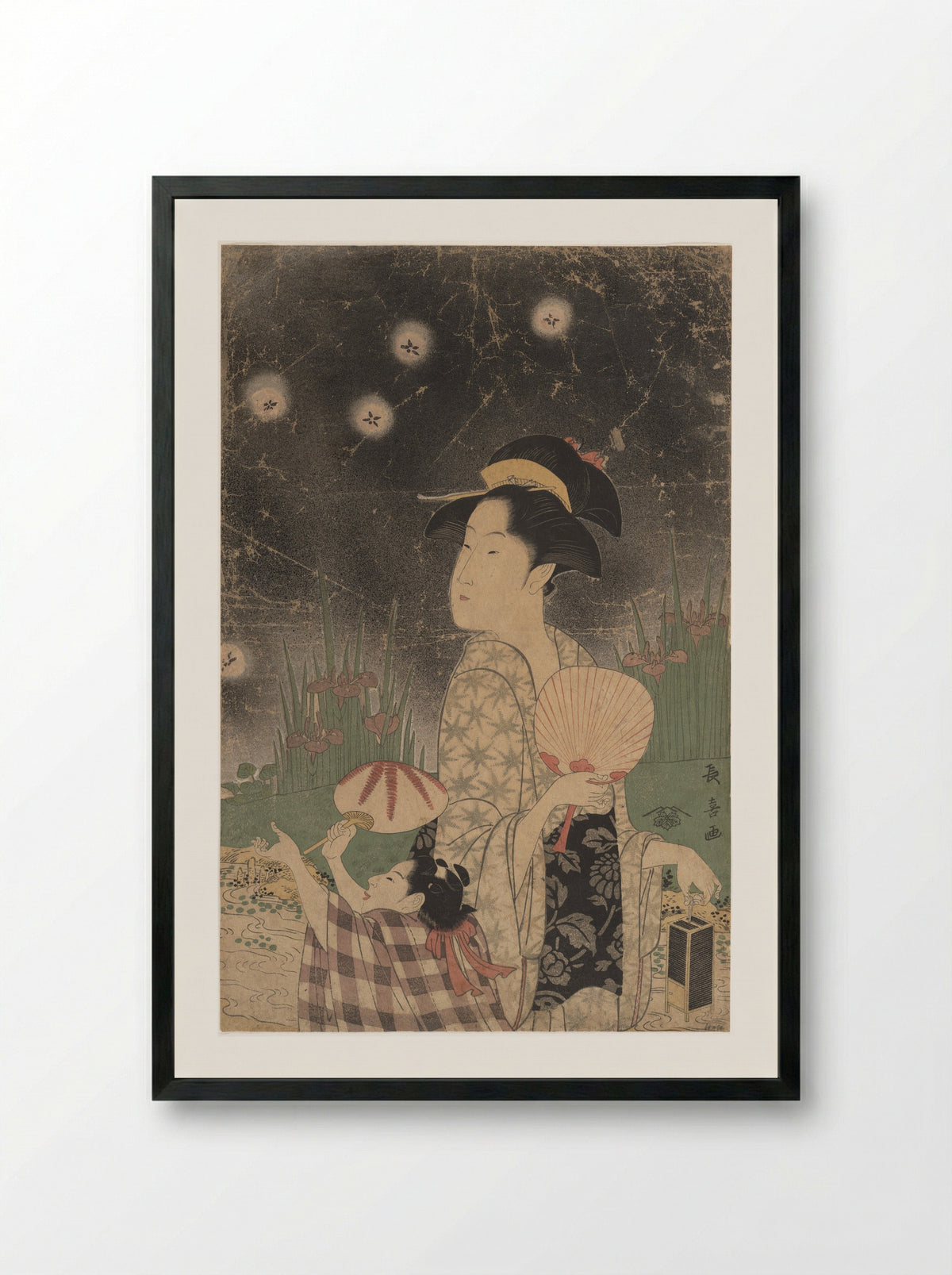 Woman and Child Catching Fireflies - Eishōsai Chōki - Framed Print Black
