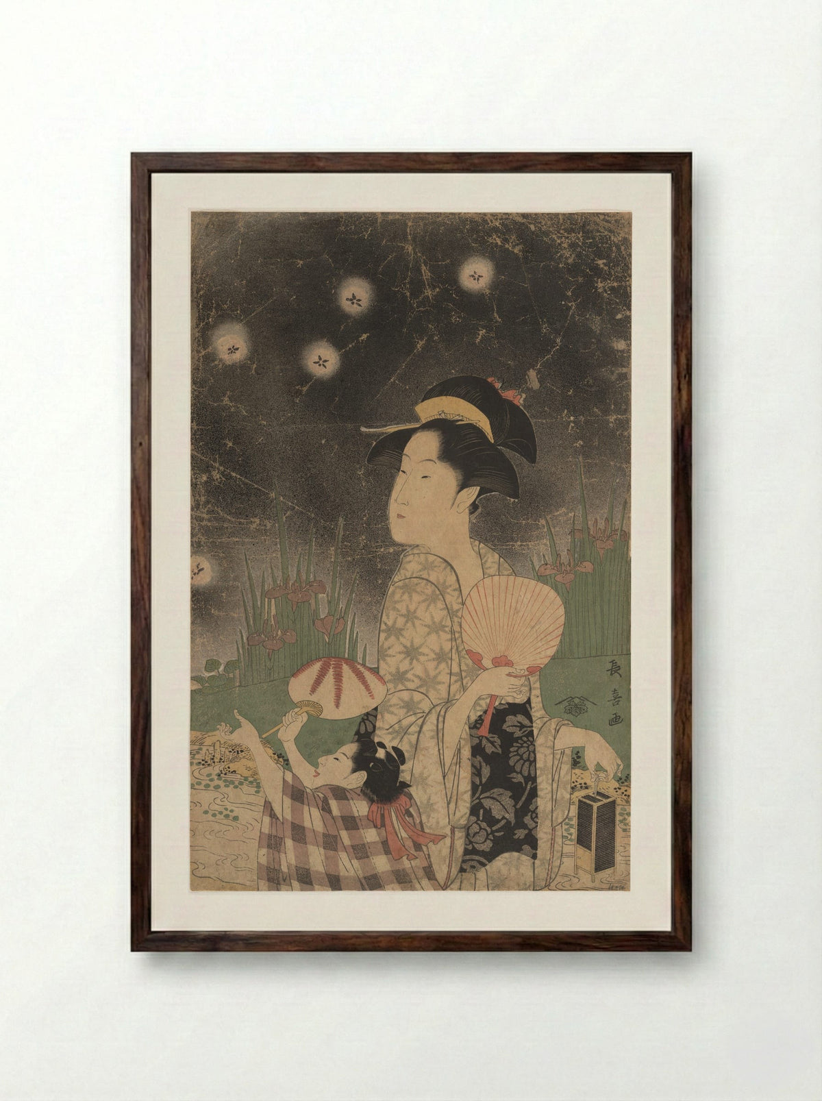 Woman and Child Catching Fireflies - Eishōsai Chōki - Framed Print Dark Wood
