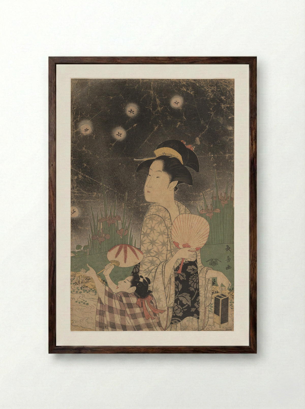 Woman and Child Catching Fireflies - Eishōsai Chōki - Framed Print Dark Wood