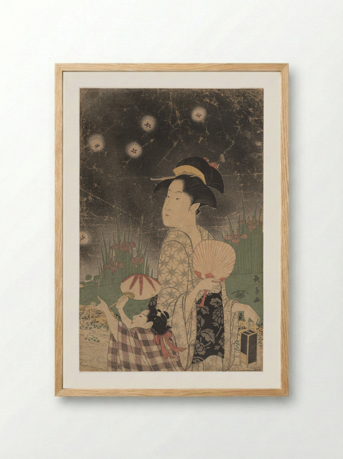 Woman and Child Catching Fireflies - Eishōsai Chōki - Framed Print Wood