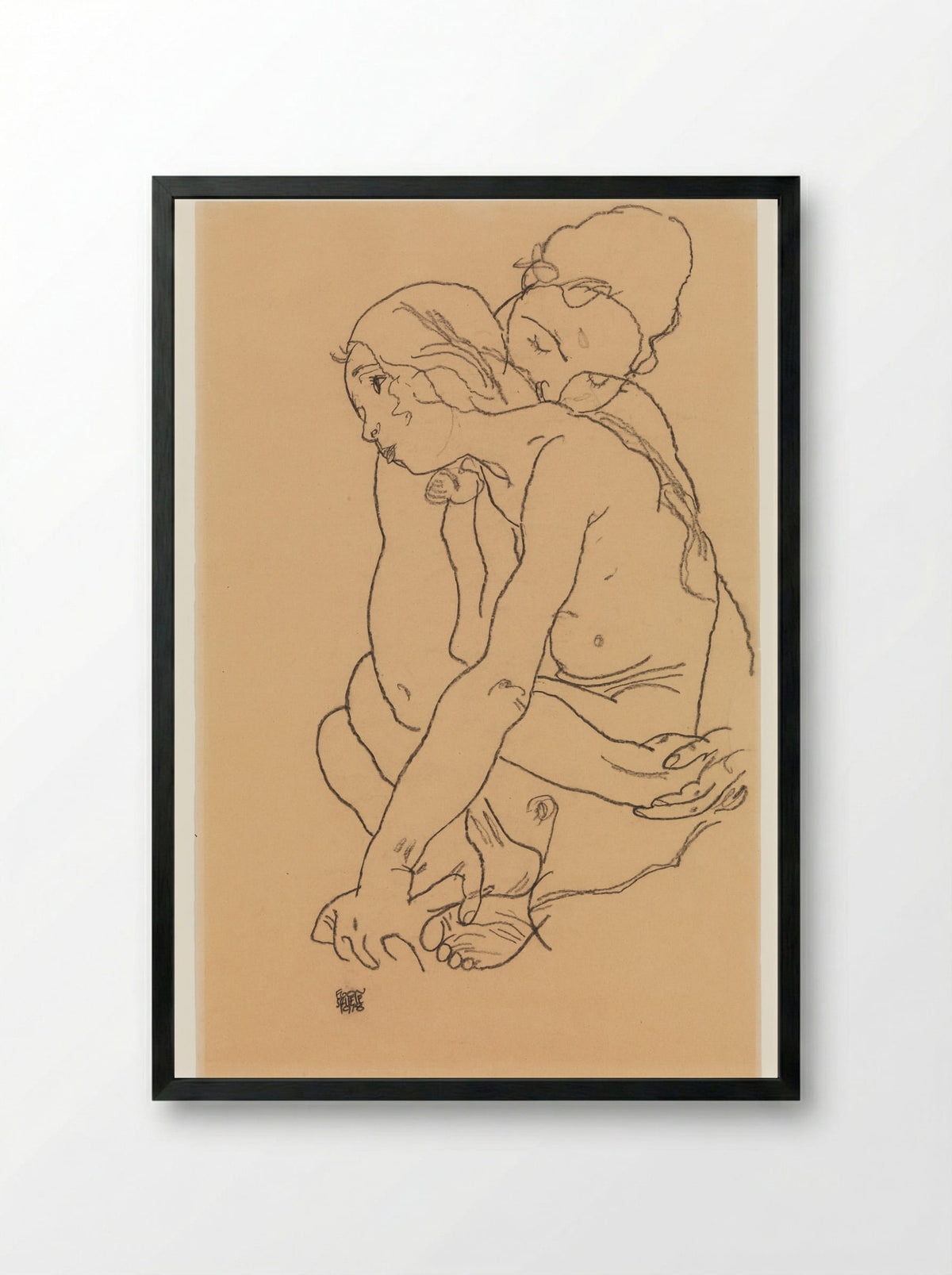 Woman and Girl Embracing - Egon Schiele - Framed Print Black