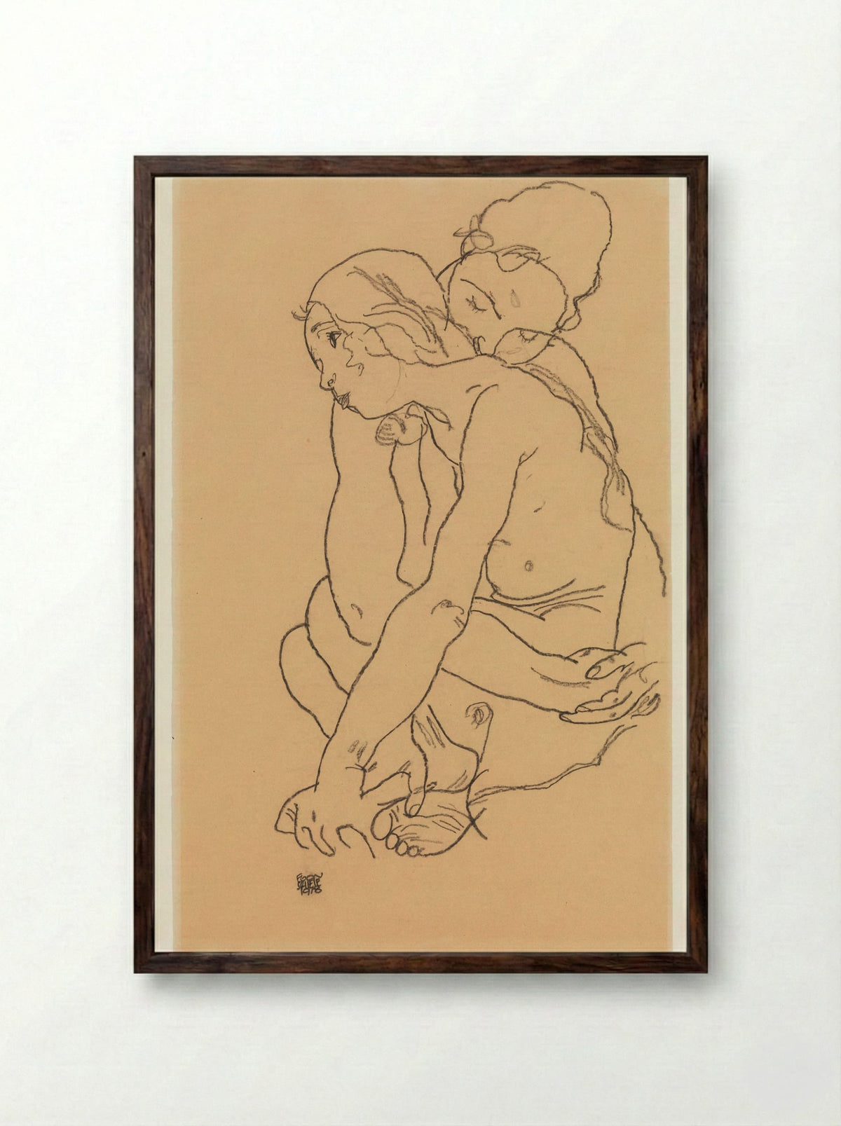 Woman and Girl Embracing - Egon Schiele - Framed Print Dark Wood