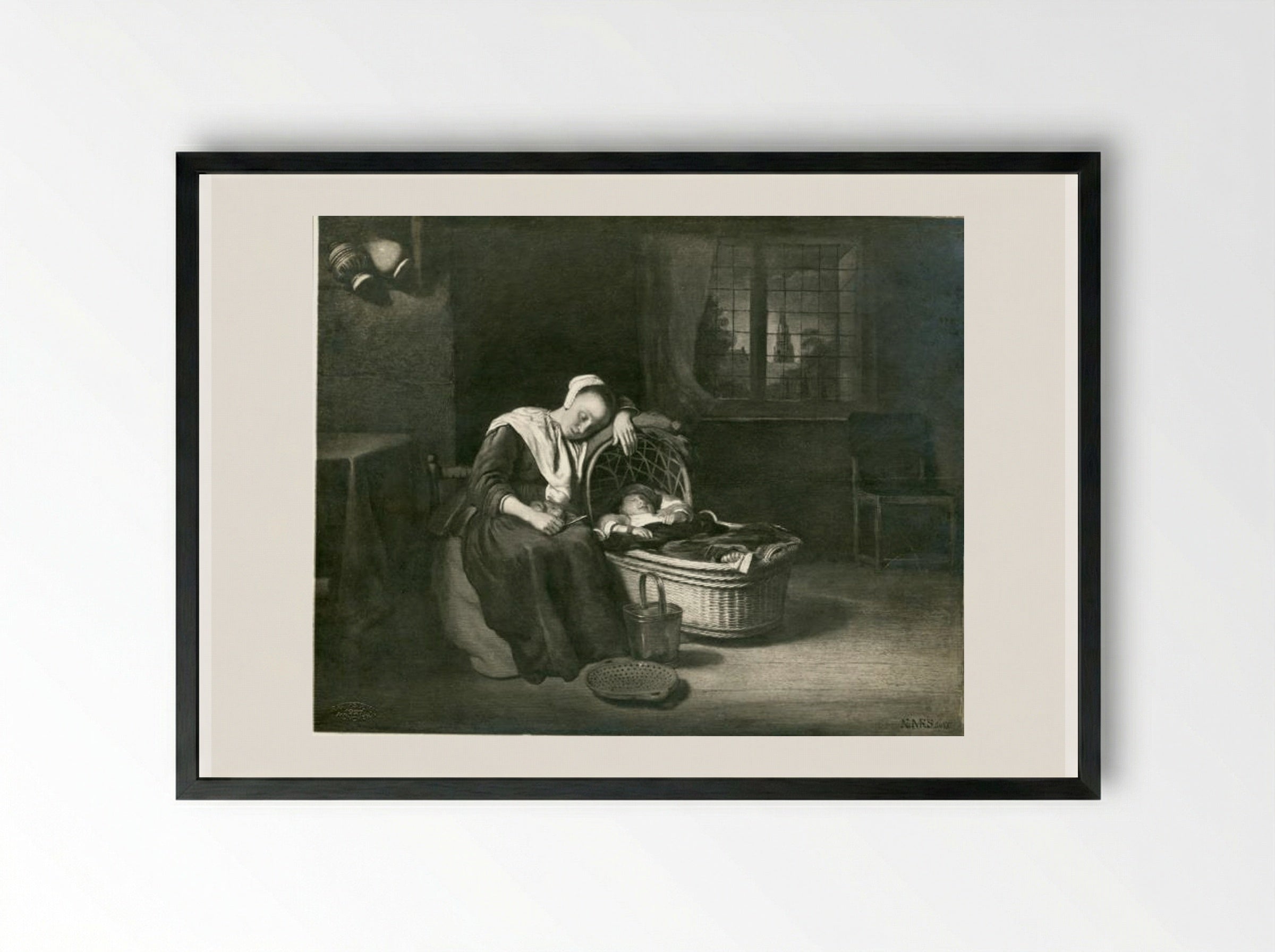 Woman at a Cradle - Nicolaes Maes - Framed Print Black