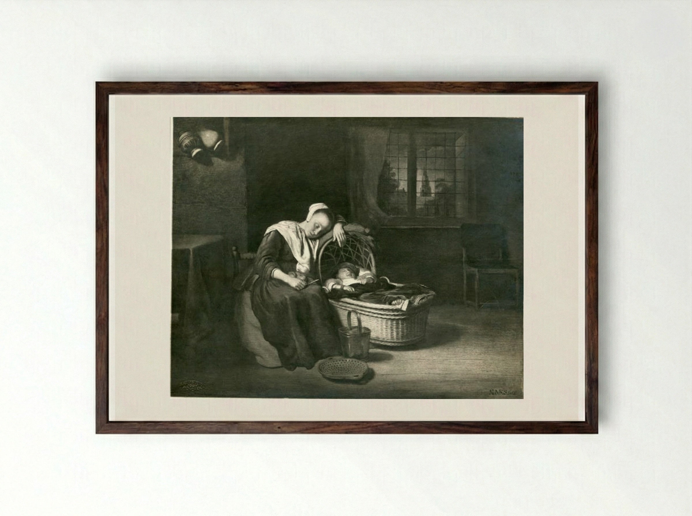 Woman at a Cradle - Nicolaes Maes - Framed Print Dark Wood