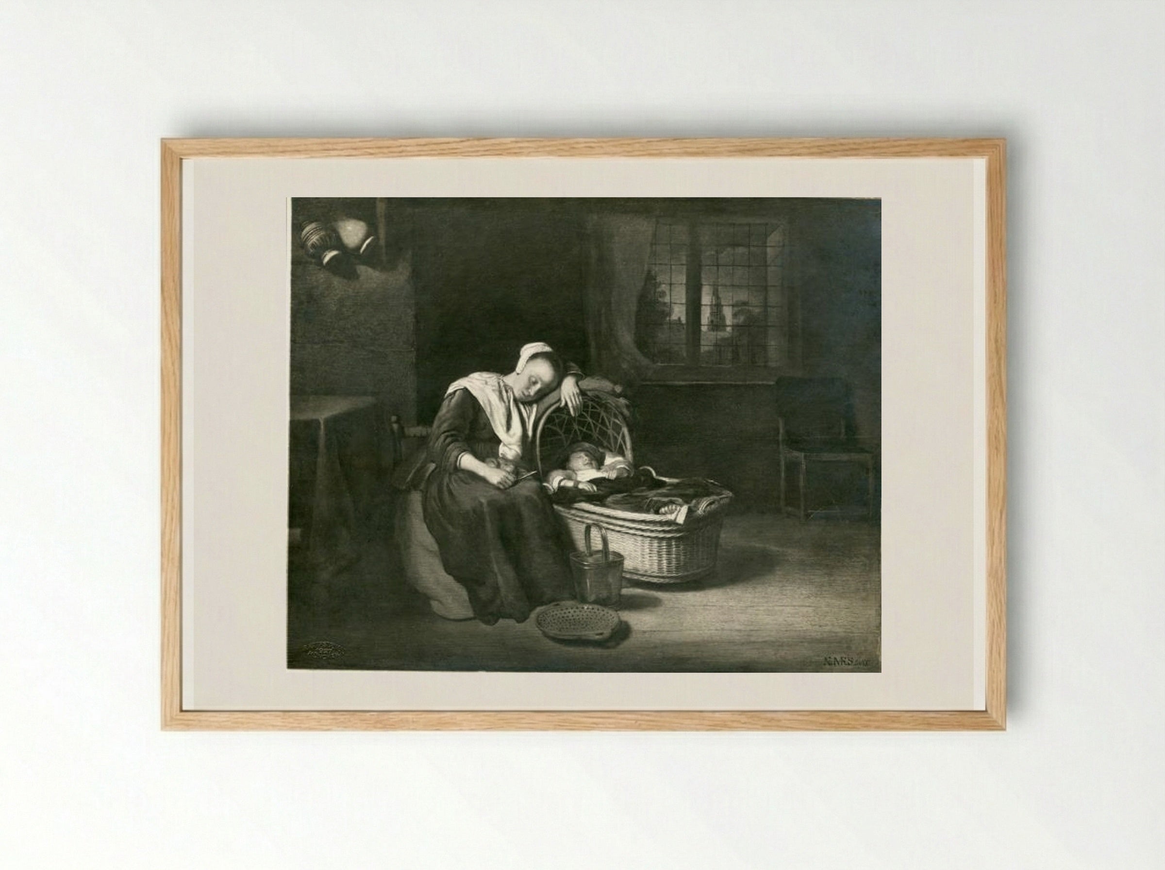 Woman at a Cradle - Nicolaes Maes - Framed Print Wood