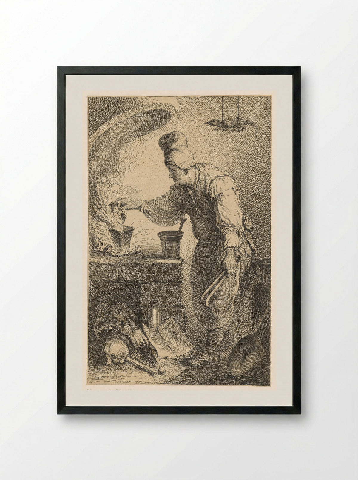 Woman at a Stove Holding a Scorpion over a Pot - Ferdinand Landerer - Framed Print Black