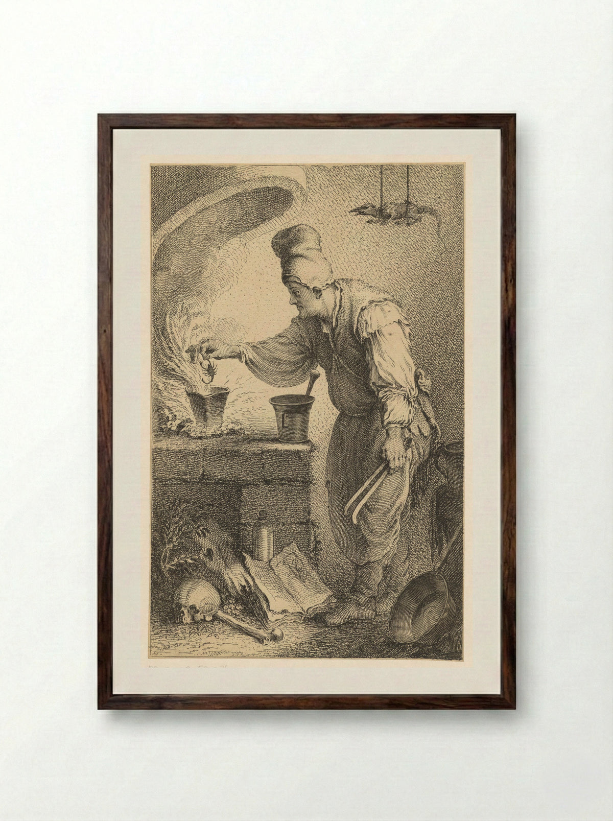 Woman at a Stove Holding a Scorpion over a Pot - Ferdinand Landerer - Framed Print Dark Wood