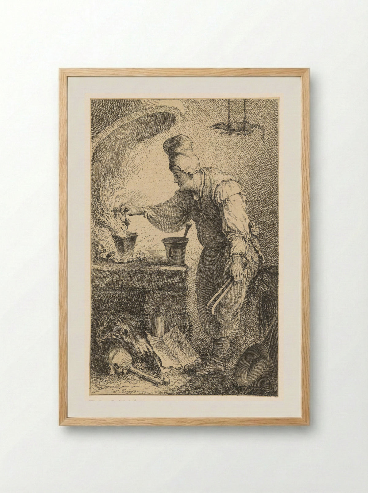 Woman at a Stove Holding a Scorpion over a Pot - Ferdinand Landerer - Framed Print Wood