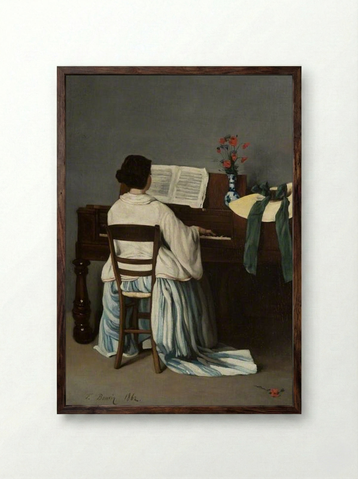 Woman at the Spinet - François Bonvin - Framed Print Dark Wood