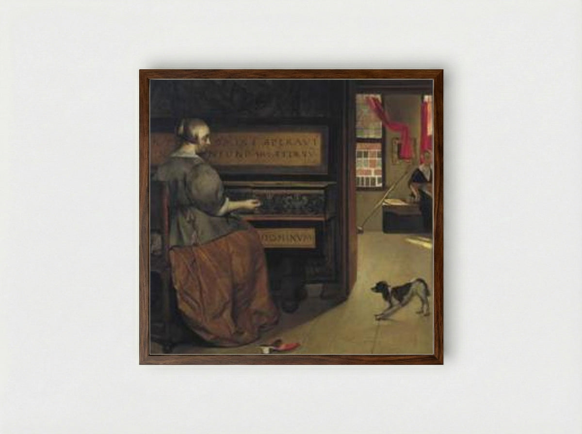 Woman at the Virginals - Gabriel Metsu - Framed Print Dark Wood